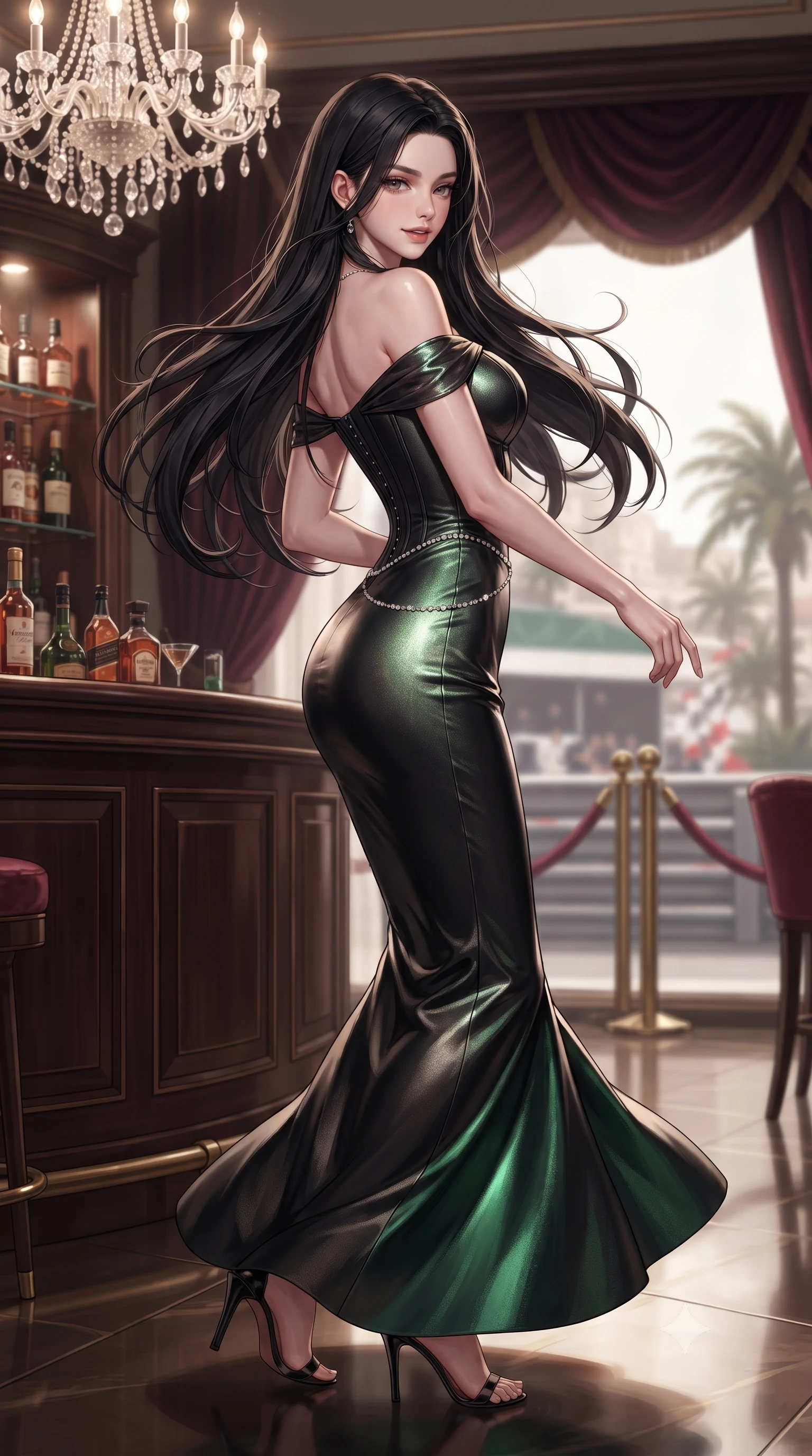 score_9, masterpiece, best quality, ultra-detailed, high-budget anime keyframe, editorial fashion photography, tasteful artistic composition, Korean woman. low angle full-body shot from head to toe showing her feet, filling the entire 9:16 vertical frame with her statuesque presence, stretching her vertical silhouette. executing an elegant mid-motion pivot turn as garments swirl around her slender limbs, glancing over her shoulder with an intoxicating bedroom-gaze while twisting her slender torso in a deep contrapposto stance beside the private casino bar, glancing over her shoulder with an audacious, teasing smirk. The composition keeps background elements in soft focus with creamy bokeh. grand prix circuit barriers and terrace palm trees softened in glamorous shallow focus. She has an absolutely perfect, statuesque 8.5-heads proportion, an exceptionally tall and slender model-like female figure with impossibly long slender legs, a toned flat midriff, an ultra-slim waist, and beautifully sculpted feminine hips. sharp v-shaped jawline, high-bridge nose, intricate jewel-like eyes with depth, thick eyelashes, glossy parted lips with a natural sheen, intensely captivating and seductive bedroom-eyes expression, flawlessly proportioned anatomical accuracy, strict slender model proportions, natural body alignment, perfectly sculpted long slender limbs, ultra-slim waistline, clean dynamic posture without body distortion. wearing a statuesque off-shoulder evening dress with a boned corset bodice and bodycon silhouette in high-contrast black and crisp casino green, crafted from luxurious metallic lamé that shifts radiance with every step, accented with a dainty diamond waist chain catching the casino chandelier reflections, the liquid-tight tailored fabric clinging flawlessly to her narrow waist and rounded feminine hips, emphasizing every millimeter of her sculpted hourglass curves during movement. surrounded by an elite, intoxicating, and irresistibly glamorous Monte Carlo heiress aura. ultra-reflective glossy finish, specular highlights, rich textural contrasts, high-contrast stereoscopic depth, volumetric dynamic lighting, 2k, ultra detail, master piece, 9:16 ratio