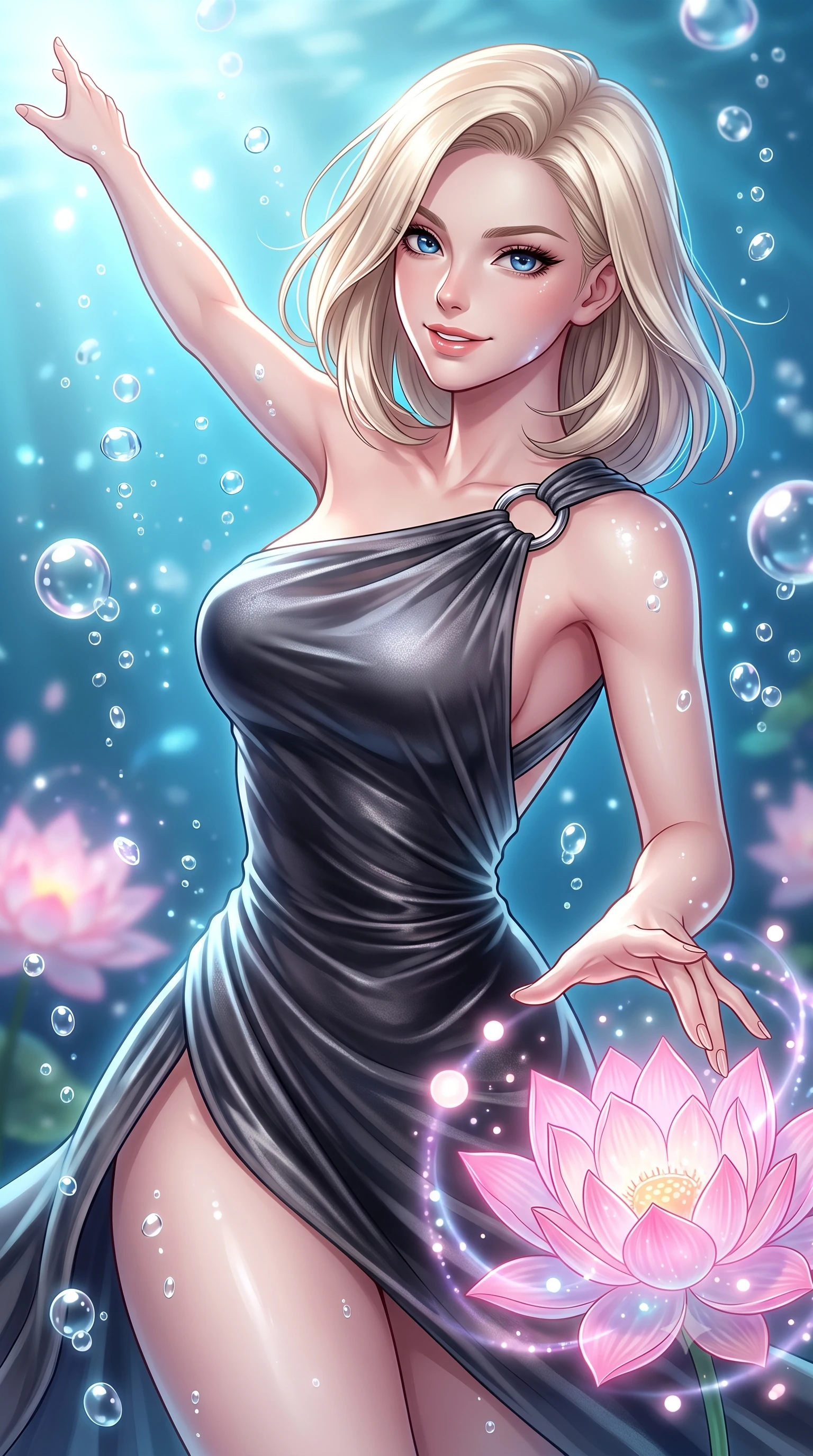 score_9, masterpiece, best quality, ultra-detailed, high-budget anime keyframe, editorial fashion photography, tasteful artistic composition, Caucasian woman. close-up cowboy shot from the waist and thighs up, the character dominates the composition, filling the frame with her large presence, background elements kept in soft focus. Extending one arm in an elegant stretch toward the light while smiling with magnetic self-assurance while reaching out to touch a giant bioluminescent pink lotus flower emitting soft light orbs, rising underwater bubbles casting pearl-white specular highlights on her skin. She has an exceptionally elegant, slender, and willowy female figure with an ultra-slim waist, a gracefully sculpted slender torso, and a refined silhouette. sharp v-shaped jawline, high-bridge nose, intricate jewel-like eyes with depth, thick eyelashes, glossy lips with a natural sheen, flawlessly proportioned anatomical accuracy, natural body alignment, perfectly sculpted elegant limbs, clean dynamic posture without body distortion. wearing an asymmetrical Grecian draped chiffon gown with a metallic shoulder ring in charcoal grey and platinum, made of premium stretch velvet with a rich sheen, complemented by criss-cross back straps highlighting her bare shoulders, the sleek second-skin texture accentuating her magnetic presence. surrounded by a shimmering ocean aura with bright specular rim lights. highly saturated vibrant anime colors, detailed shading with soft gradients, rich glossy textures, high-contrast stereoscopic depth, volumetric dynamic lighting, master piece, 9:16 ratio