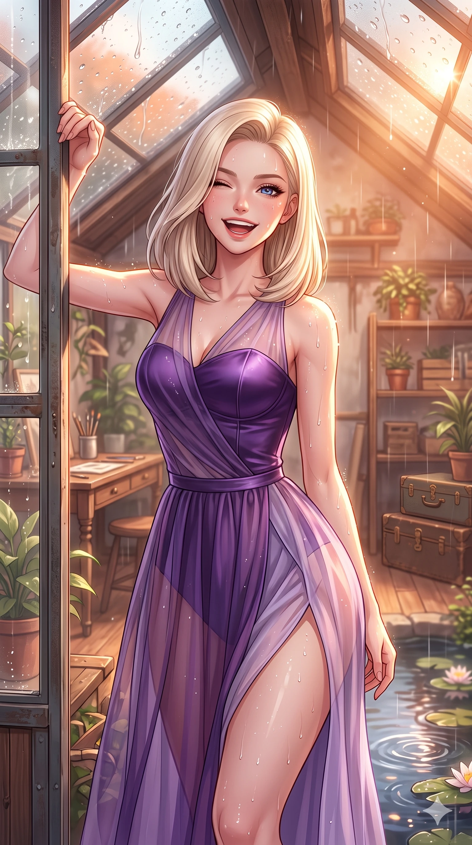 score_9, masterpiece, best quality, ultra-detailed, high-budget anime keyframe, vibrant anime aesthetic, Caucasian woman, strictly human ears. close-up cowboy shot from the waist and thighs up, the character dominates the composition, filling the frame with her large presence, background elements kept in soft focus. She is leaning against a greenhouse frame, winking and laughing happily, her eyes glowing with lively energy with a captivating and confident presence. the background shows a soft-focus cozy attic studio with a large skylight pane covered in sliding rain droplets, bathed in soft warm light (Code-P22-164). She has an absolutely perfect proportion, an exceptionally elegant and slender female figure with an ultra-slim waist. V-shaped jawline, high-bridge nose, intricate jewel-like eyes with depth, thick eyelashes, glossy lips with a natural sheen. wearing a delicate chiffon dress featuring a structured satin bodice and refined side vent in amethyst purple and silk overlays. She is drenched in bright, warm sun showers, casting sharp highlights on the raindrops, creating a warm, inviting, and atmospheric glow by the quiet garden pond. 2k, ultra detail, master piece, 9:16 ratio