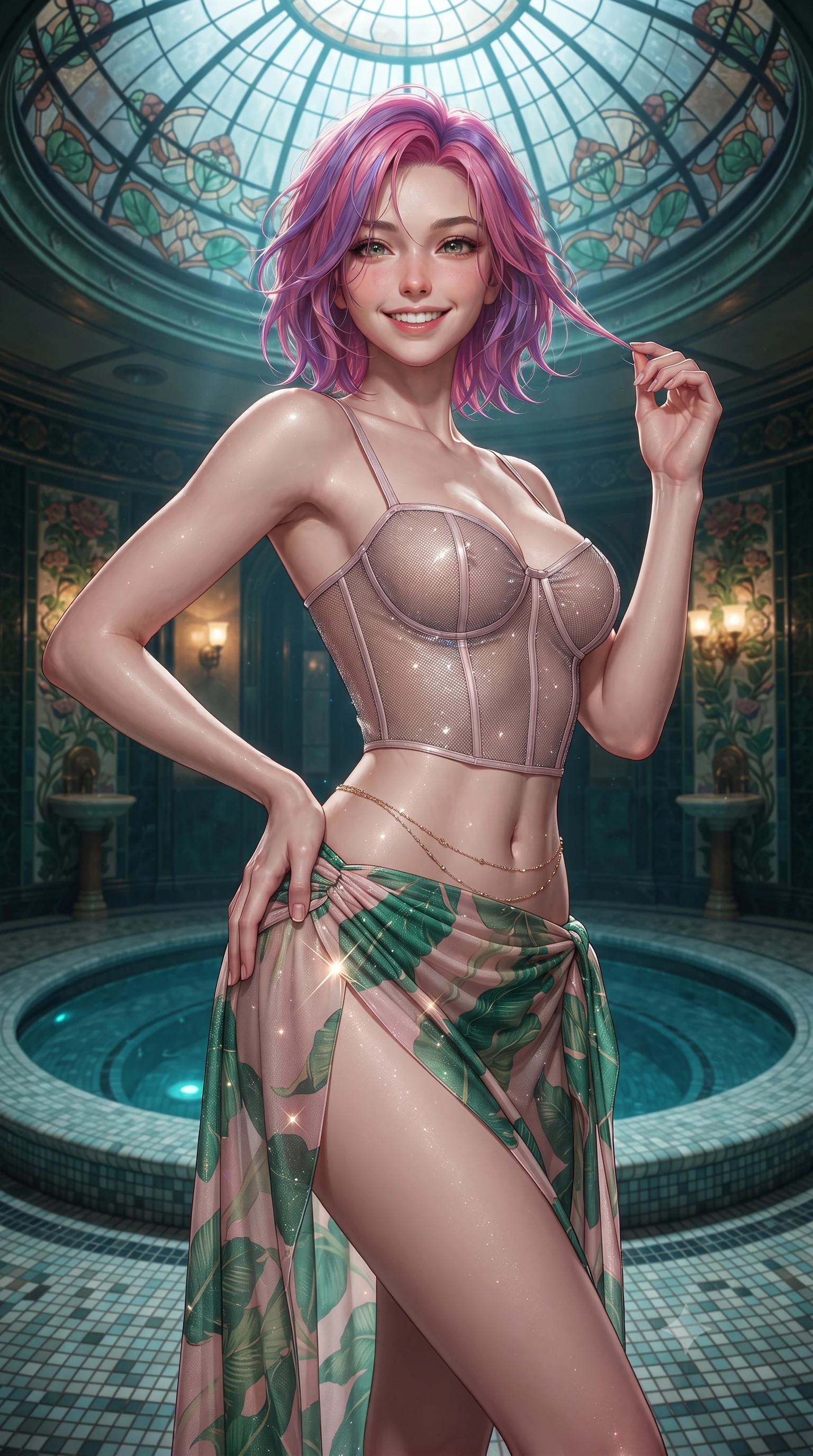 score_9, masterpiece, best quality, ultra-detailed, high-budget anime keyframe, editorial fashion photography, tasteful artistic composition, Caucasian woman. close-up cowboy shot from the waist and thighs up, the character dominates the composition, filling the frame with her large presence. twisting her slender torso in an alluring contrapposto stance, one hand resting on her sculpted hip while her fingers toy with her hair with effortless poise while standing poised on the heated mosaic floor beside the sunken circular thermal pool beneath the leaded Art Nouveau stained-glass dome, arching her back with wet-look siren grace. The surrounding environment is rendered in vivid detail and crisp panoramic clarity: sharp hand-glazed floral Majolica ceramic tile reliefs, polished unlacquered brass water spouts, and water droplet beads in deep focus. She has an exceptionally elegant, slender, and willowy female figure with an ultra-slim waist, flat toned midriff, narrow ribcage, and sculpted feminine hips creating an alluring, slim hourglass silhouette without bulk. sharp v-shaped jawline, high-bridge nose, intricate jewel-like sparkling eyes with depth, thick eyelashes, glossy parted lips with a natural peach sheen, bright cheerful beaming smile with an enchanting and coquettish sensual glint, exuding both youthful cute charm and seductive allure, flawlessly proportioned anatomical accuracy, strict slender model proportions, natural body alignment, perfectly sculpted long slender limbs, ultra-slim waistline, clean dynamic posture without body distortion. wearing a provocative translucent mesh corset bodice with boned satin channels paired with a sheer chiffon wrap maxi skirt in Beverly Hills vintage banana-leaf emerald and blush pink, woven from stretch metallic lurex jersey casting radiant starlight glints across her curves, accented with a dainty gold belly chain resting across her flat midriff and curving hips, the bespoke structured tailoring following the natural line of her 8.5-heads silhouette with refined elegance. bathed in underwater pool turquoise LEDs combined with warm 2500K sconce glows and moonbeams through stained glass. ultra-reflective glossy finish, specular highlights, rich textural contrasts, high-contrast stereoscopic depth, volumetric dynamic lighting, 2k, ultra detail, master piece, 9:16 ratio