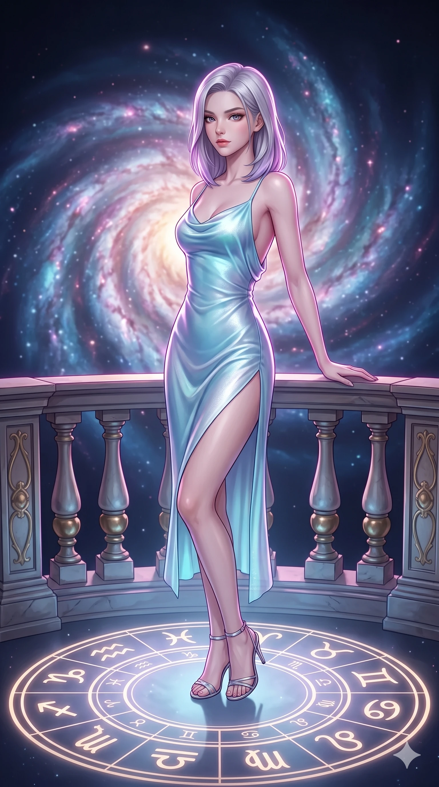 score_9, masterpiece, best quality, ultra-detailed, high-budget anime keyframe, semi-realistic 3D game render, editorial fashion photography, tasteful artistic composition, Caucasian woman. close-up cowboy shot from the waist and thighs up, the character dominates the composition, filling the frame with her large presence. leaning back against the balustrade with relaxed seductive grace, head tilted back slightly while casting a hypnotic, heavy-lidded gaze while standing poised on the floating circular zodiac dial engraved with glowing constellation glyphs, arching her lower back with sovereign diva charisma as a massive spiral nebula swirls behind her. The background shows a soft-focus nebula ionization haze softened in cosmic zodiac dial sanctuary shallow focus. She has an exceptionally elegant, slender, and willowy female figure with an ultra-slim waist, flat toned midriff, narrow ribcage, and sculpted feminine hips creating an alluring, slim hourglass silhouette without bulk. sharp v-shaped jawline, high-bridge nose, intricate jewel-like sparkling eyes with depth, thick eyelashes, glossy parted lips with a natural peach sheen, bright cheerful beaming smile with an enchanting and coquettish sensual glint, exuding both youthful cute charm and seductive allure, flawlessly proportioned anatomical accuracy, strict slender model proportions, natural body alignment, perfectly sculpted long slender limbs, ultra-slim waistline, clean dynamic posture without body distortion. wearing a form-contouring gossamer silk chiffon slip dress with a hip-high slit and open cowl back clinging with dewy moisture in glacial aurora cyan and starlight silver, crafted from translucent silk organza with an ethereal crystalline sheen, complemented by strappy stiletto sandals with metallic ankle wraps accentuating her slender calves, the second-skin tailored fabric adhering flawlessly to her sculpted flat midriff and slender torso, emphasizing her long leg lines and perfectly proportioned willowy build. illuminated by zodiac disc reflection bounce and sharp nebula-magenta rim lights sculpting her jawline, narrow waist, and curvy hips. highly saturated vibrant anime colors, detailed shading with soft gradients, rich glossy textures, high-contrast stereoscopic depth, volumetric dynamic lighting, master piece, 9:16 ratio