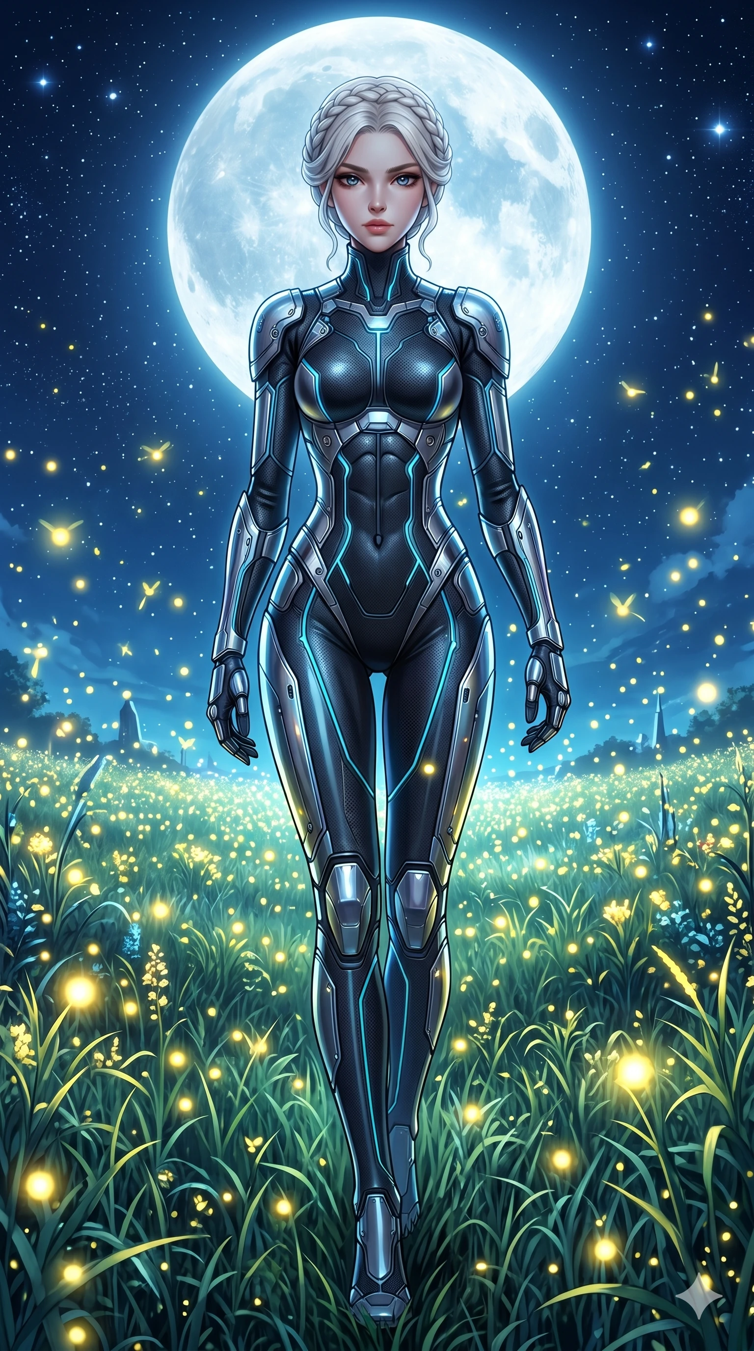 score_9, masterpiece, best quality, ultra-detailed, Set C: High-budget Anime Keyframe, Korean woman. Low angle cowboy shot filling the entire 9:16 frame with her statuesque presence. Walking through a field of tall grass that glows with fireflies at night under a full moon. She has an absolutely perfect 8-heads proportion, an exceptionally tall and slender female figure with impossibly long slender legs and an ultra-slim waist. Sharp v-shaped jawline, high-bridge nose, intricate jewel-like eyes with depth, thick eyelashes, glossy lips. Wearing a Tech-Fantasy outfit: cybernetic tech-suit with glowing seams and chrome plating. Background is a bright and colorful meadow with thousands of yellow lights and a vibrant starry sky. 2k, ultra detail, master piece, 9:16 ratio