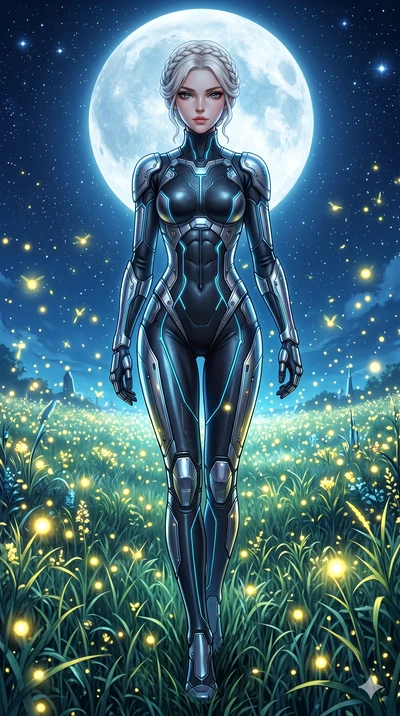 score_9, masterpiece, best quality, ultra-detailed, Set C: High-budget Anime Keyframe, Korean woman. Low angle cowboy shot filling the entire 9:16 frame with her statuesque presence. Walking through a field of tall grass that glows with fireflies at 