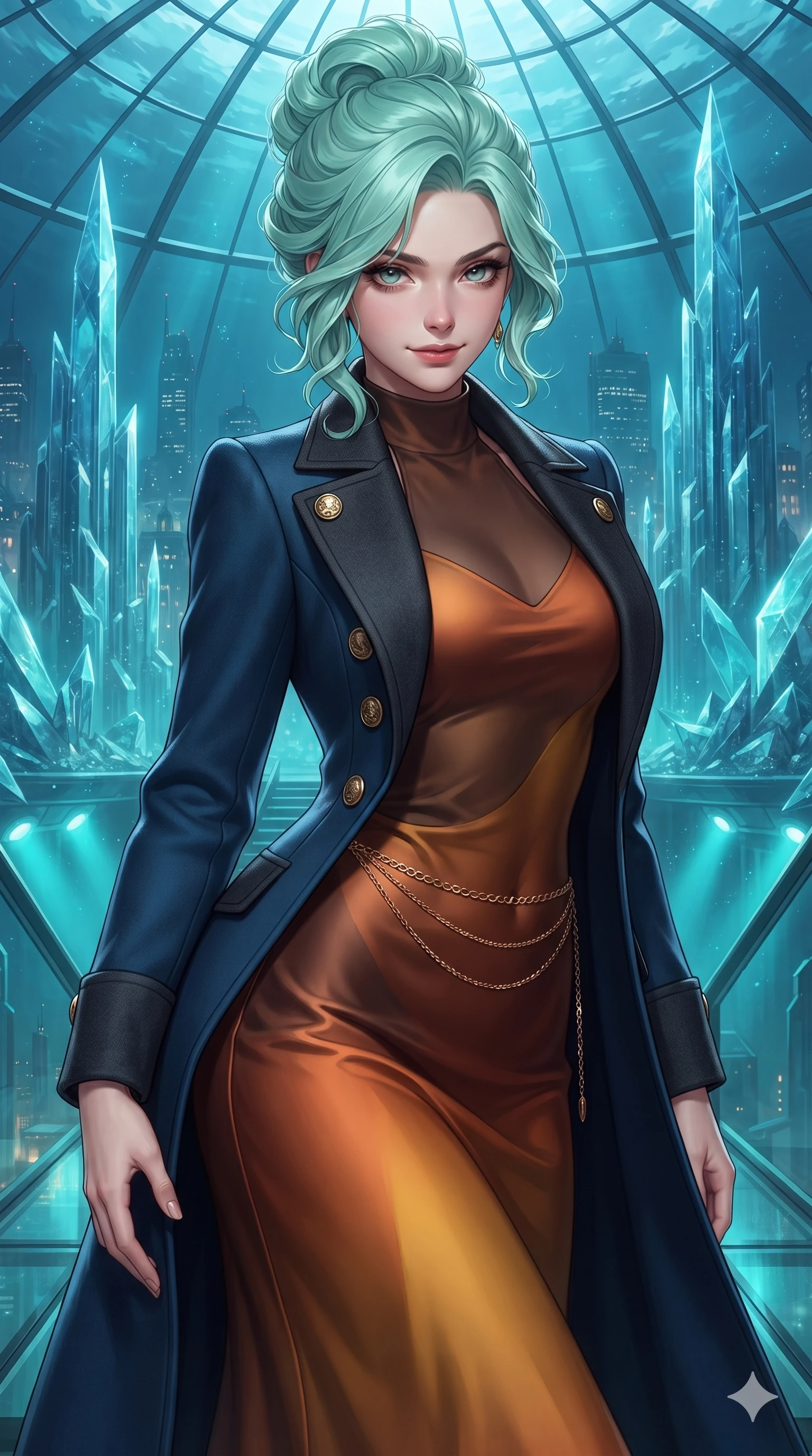 score_9, masterpiece, best quality, ultra-detailed, high-budget anime keyframe, editorial fashion photography, tasteful artistic composition, Japanese woman. close-up cowboy shot from the waist and thighs up, the character dominates the composition, filling the frame with her large presence. tilting her head with a teasing half-smile, running one hand slowly down the side of her hip in a flirtatious S-curve as ambient light caresses her silhouette while twisting her slender torso in an alluring S-curve, turquoise underwater lights and city skyline glows painting sharp highlights along her narrow waist and curvy hips. The surrounding environment is rendered in vivid detail and crisp panoramic clarity: detailed mermaid gown tailoring, open-back leather harness straps, and monumental aquatic architecture in razor-sharp clarity. She has an exceptionally elegant, slender, and willowy female figure with an ultra-slim waist, flat toned midriff, narrow ribcage, and sculpted feminine hips creating an alluring, slim hourglass silhouette without bulk. sharp v-shaped jawline, high-bridge nose, intricate jewel-like sparkling eyes with depth, thick eyelashes, glossy parted lips with a natural sheen, intensely captivating and seductive bedroom-eyes expression, exuding both youthful cute charm and sovereign luxury allure, flawlessly proportioned anatomical accuracy, strict slender model proportions, natural body alignment, perfectly sculpted long slender limbs, ultra-slim waistline, clean dynamic posture without body distortion. wearing a structured Belle Époque cashmere opera greatcoat with polished brass crest buttons layered over a high-neck slip in rich copper bronze and warm amber, crafted from bespoke double-faced cashmere with an exceptionally soft tactile finish, accented with a delicate gold chain belt resting loosely on her curvy hips, the bespoke structured tailoring following the natural line of her 8.5-heads silhouette with refined elegance. illuminated by glass floor bounce and sharp turquoise-platinum rim lights defining her razor-sharp jawline, narrow waist, and curvy hips. ultra-reflective glossy finish, specular highlights, rich textural contrasts, high-contrast stereoscopic depth, volumetric dynamic lighting, 2k, ultra detail, master piece, 9:16 ratio