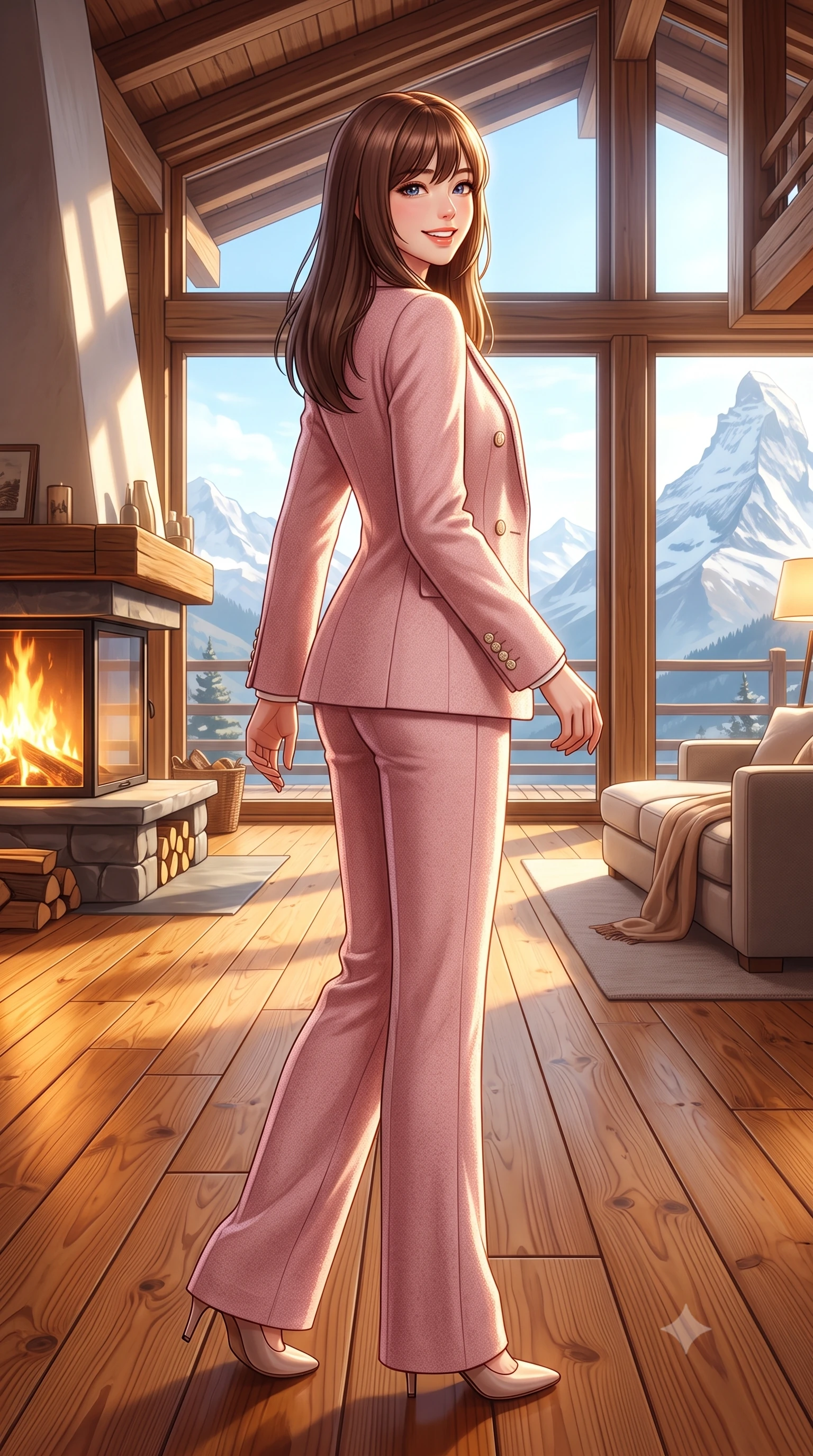 score_9, masterpiece, best quality, ultra-detailed, high-budget anime keyframe, semi-realistic 3D game render, editorial fashion photography, tasteful artistic composition, Korean woman. low angle full-body shot from head to toe showing her feet, filling the entire 9:16 vertical frame with her statuesque presence, stretching her vertical silhouette. executing an elegant pivot turn as the hem of her pleated wool skirt sways rhythmically, glancing back with joyful radiance while walking across the honey-toned pine floor toward the panoramic window, her chunky cable-knit sweater accentuating her slender waistline. The surrounding environment is rendered in vivid detail and crisp panoramic clarity: detailed chunky fisherman cable-knit sweater texture, brushed wool flannel slacks, and alpine lodge architecture in razor-sharp precision. She has an exceptionally tall and slender model-like 8.5-heads proportion, an ultra-slim waist, a flat toned midriff, narrow delicate ribcage, and beautifully sculpted feminine hips creating a graceful, slim hourglass silhouette without any bulky heaviness, with impossibly long slender legs. sharp v-shaped jawline, high-bridge nose, intricate jewel-like sparkling eyes with depth, thick eyelashes, glossy parted lips with a natural peach sheen, bright cheerful beaming smile with an enchanting and coquettish sensual glint, exuding both youthful cute charm and seductive allure, flawlessly proportioned anatomical accuracy, strict slender model proportions, natural body alignment, perfectly sculpted long slender limbs, ultra-slim waistline, clean dynamic posture without body distortion. wearing a refined double-breasted wool gabardine pantsuit with clean minimalist tailoring and a concealed placket in Parisian pastel rose bouclé and cream pearl, crafted from ultra-soft Mongolian cashmere with exquisite insulating warmth and tactile softness, featuring delicate tonal horn buttons and meticulous hand-stitched pick-lapel borders, the expertly draped wool fabric falling in crisp fluid lines along her tall 8.5-heads silhouette, celebrating her slender frame without excess fabric bulk. bathed in the dramatic high-altitude Swiss mountain sunlight streaming through panoramic windows mixed with golden hearth firelight. highly saturated vibrant anime colors, detailed shading with soft gradients, rich glossy textures, high-contrast stereoscopic depth, volumetric dynamic lighting, master piece, 9:16 ratio