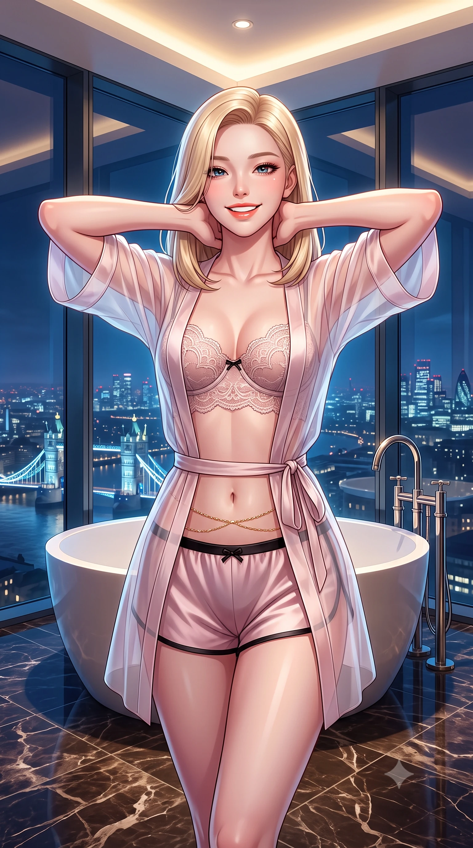 score_9, masterpiece, best quality, ultra-detailed, high-budget anime keyframe, semi-realistic 3D game render, editorial fashion photography, tasteful artistic composition, Korean woman. close-up cowboy shot from the waist and thighs up, the character dominates the composition, filling the frame with her large presence. resting both hands lightly behind her neck with elbows raised, arching her spine to highlight her narrow waist, flat midriff, and breathtaking collarbones while standing poised on the heated Nero Marquina marble floor beside the freestanding circular tub 70 floors above London, arching her spine with sovereign siren poise as illuminated Tower Bridge blazes below. The surrounding environment is rendered in vivid detail and crisp panoramic clarity: sharp structural glass corner bevels, honed black marble floor veining, and polished nickel tap fittings in deep focus. She has an exceptionally elegant, slender, and willowy female figure with an ultra-slim waist, flat toned midriff, narrow ribcage, and sculpted feminine hips creating an alluring, slim hourglass silhouette without bulk. sharp v-shaped jawline, high-bridge nose, intricate jewel-like sparkling eyes with depth, thick eyelashes, glossy parted lips with a natural peach sheen, bright cheerful beaming smile with an enchanting and coquettish sensual glint, exuding both youthful cute charm and seductive allure, flawlessly proportioned anatomical accuracy, strict slender model proportions, natural body alignment, perfectly sculpted long slender limbs, ultra-slim waistline, clean dynamic posture without body distortion. wearing a delicate translucent silk organza wrap robe worn loose over a sheer lace demi-bustier and satin tap pants in Kyoto moonlit sakura blush and polished urushi black, made of delicate semi-sheer French Chantilly lace with intricate eyelash edges, accented with a dainty gold belly chain resting across her flat midriff and curving hips, the glove-like clinging cut tightly following the natural contour of her hips and long slender legs with youthful 8.5-heads elegance. bathed in the cool ambient glow of the illuminated London skyline mixed with warm 2800K recessed cove downlights. highly saturated vibrant anime colors, detailed shading with soft gradients, rich glossy textures, high-contrast stereoscopic depth, volumetric dynamic lighting, master piece, 9:16 ratio
