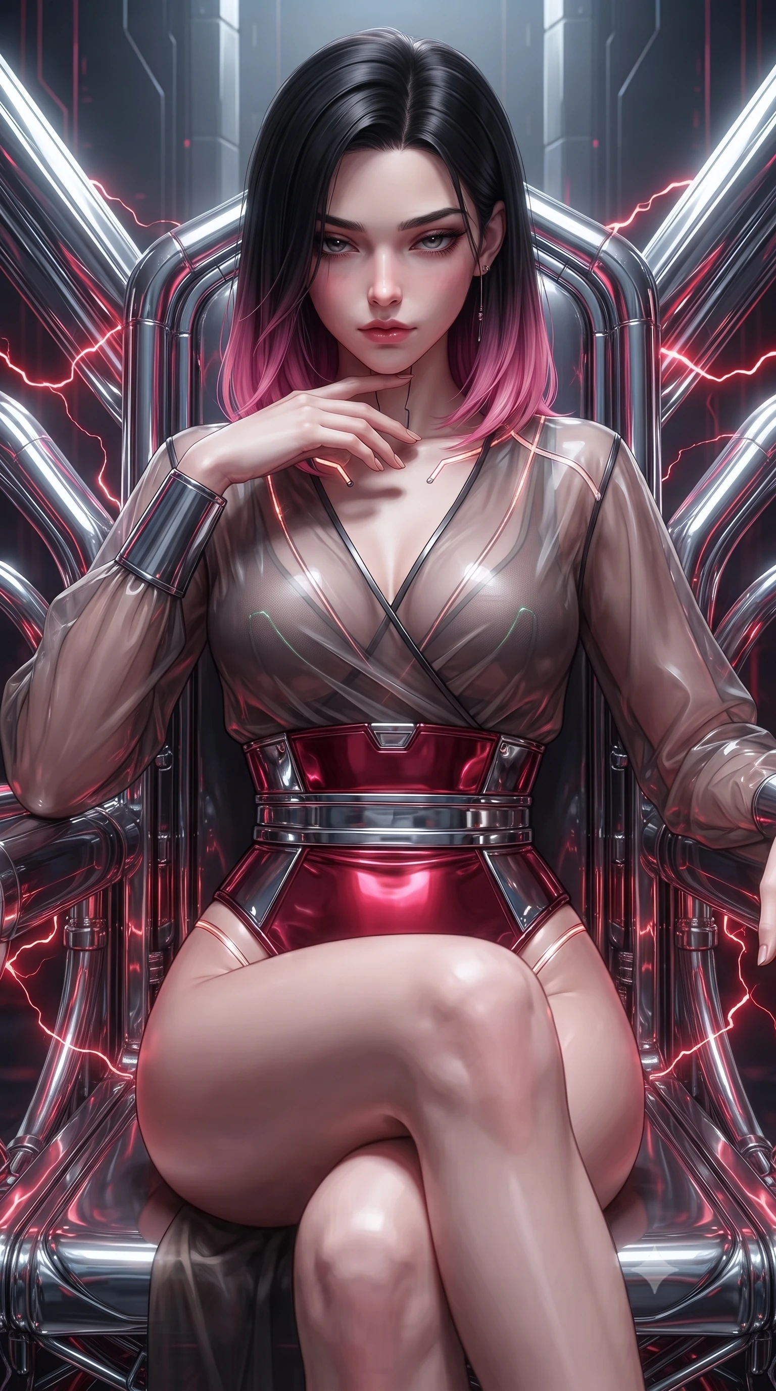 score_9, masterpiece, best quality, ultra-detailed, high-budget anime keyframe, editorial fashion photography, tasteful artistic composition, Korean woman. close-up cowboy shot from the waist and thighs up, the character dominates the composition, filling the frame with her large presence. resting her fingers lightly against her throat while looking down with a smoldering, haughty yet intensely captivating glance while posing with sovereign authority on a throne of chrome logic cores with crimson electricity arcing softly. The surrounding environment is rendered in vivid detail and crisp panoramic clarity. rich high-contrast cybernetic throne room architecture captured with environmental sharpness. She has an exceptionally elegant, slender, and willowy female figure with an ultra-slim waist, a gracefully sculpted slender torso, and a refined silhouette. sharp v-shaped jawline, high-bridge nose, intricate jewel-like eyes with depth, thick eyelashes, glossy lips with a natural sheen, flawlessly proportioned anatomical accuracy, natural body alignment, perfectly sculpted elegant limbs, clean dynamic posture without body distortion. wearing a shortened cyber-fusion wrap top with transparent chiffon panels, a deep crossover neckline, and a high-waisted metallic sash that accentuates her ultra-slim waist in deep ruby red and polished chrome accents, tailored from semi-translucent cybernetic vinyl with glowing micro-filaments, accented with glowing fiber-optic seams tracing her collarbones and hip curves, the sleek aerodynamic cut emphasizing her magnetic presence and alluring physical grace. surrounded by a powerful, commanding, and fiercely sensual cybernetic aura. ultra-reflective glossy finish, specular highlights, metallic sheen, high-contrast stereoscopic depth, volumetric dynamic lighting, 2k, ultra detail, master piece, 9:16 ratio