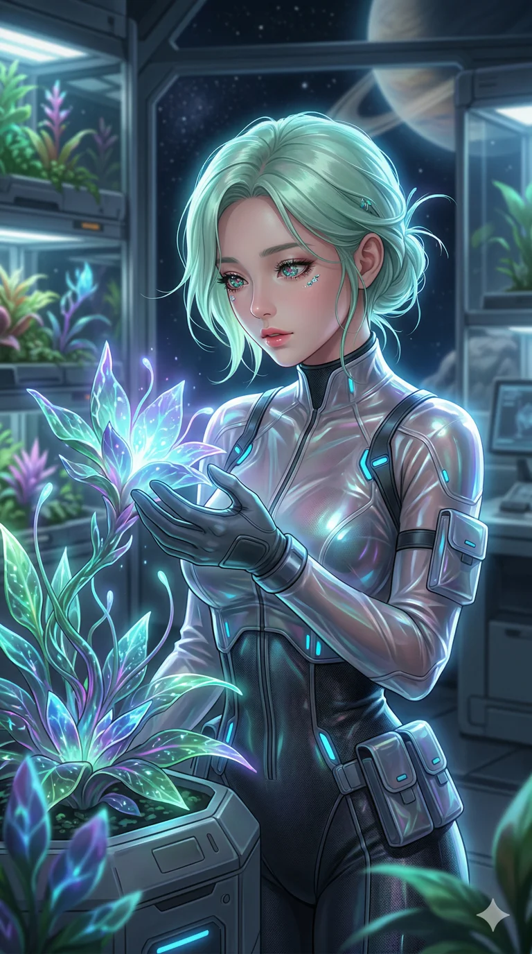 score_9, masterpiece, best quality, ultra-detailed, semi-realistic high-budget anime keyframe, an incredibly beautiful Korean woman. Medium shot of upper body focusing on her alluring features. She is a space botanist tending to a glowing alien plant that reacts to her touch. She has an absolutely perfect 8-heads proportion, a towering and slender female figure. Her face is a masterpiece with pastel mint hair and intricate jewel-like eyes. She is wearing a translucent plastic bodysuit, highlighting her alluring silhouette. Bioluminescent glow and soft shadows, radiant glowing skin, dramatic rim lighting, 2k, ultra detail, master piece, 9:16 ratio