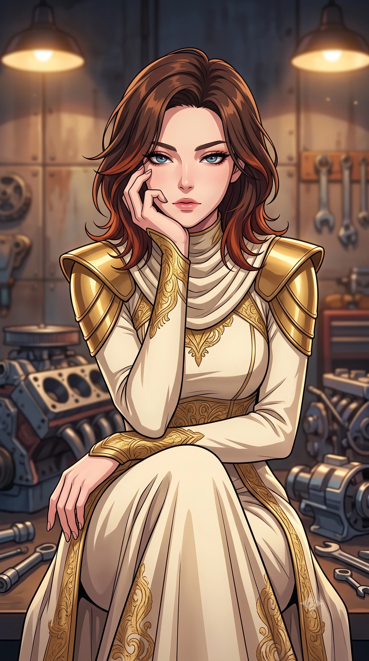 score_9, masterpiece, best quality, ultra-detailed, high-budget anime keyframe, tasteful artistic composition, Korean woman. close-up cowboy shot from the waist and thighs up, the character dominates the composition, filling the frame with her large presence, background elements kept in soft focus. resting her chin on the backs of her fingers, casting a heavy-lidded, sultry look past the camera the background shows a soft-focus a vintage car restoration hangar filled with engine blocks and metallic tools. She has an exceptionally elegant, slender, and willowy female figure with an ultra-slim waist, a gracefully sculpted slender torso, and a refined silhouette. sharp v-shaped jawline, high-bridge nose, intricate jewel-like eyes with depth, thick eyelashes, glossy lips with a natural sheen. wearing a tailored elegant galactic senate gown in cream cashmere, featuring structured metallic gold shoulder guards and a high-neck drape. warm industrial lamps casting cozy, soft shadows on the metal panels. highly saturated vibrant anime colors, cel-shading, 2d style, master piece, 9:16 ratio
