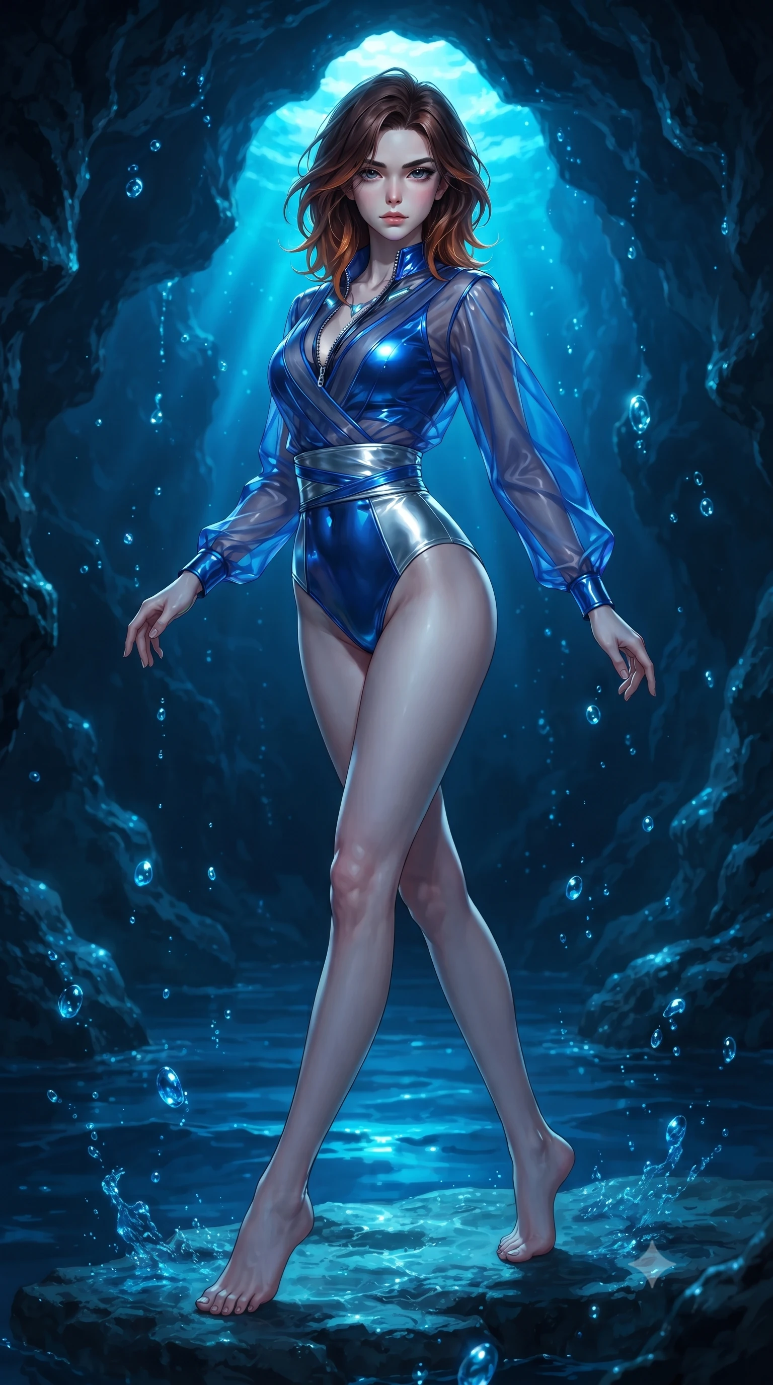 score_9, masterpiece, best quality, ultra-detailed, high-budget anime keyframe, editorial fashion photography, tasteful artistic composition, Korean woman. low angle full-body shot from head to toe showing her feet, filling the entire 9:16 vertical frame with her statuesque presence, stretching her vertical silhouette. pivoting dynamically in mid-motion with a breathtakingly alluring posture, displaying her flawless model proportions and ultra-slim waist while pivoting dynamically on a submerged limestone shelf as water droplets sparkle like glowing sapphires in the cavern gloom. The surrounding environment is rendered in vivid detail and crisp panoramic clarity. deep chiaroscuro contrast between glowing sapphire seawater and dark cavern walls rendered with precision. She has an absolutely perfect, statuesque 8.5-heads proportion, an exceptionally tall and slender model-like female figure with impossibly long slender legs, a toned flat midriff, and an ultra-slim waist. sharp v-shaped jawline, high-bridge nose, intricate jewel-like eyes with depth, thick eyelashes, glossy lips with a natural sheen, flawlessly proportioned anatomical accuracy, strict slender model proportions, natural body alignment, perfectly sculpted long slender limbs, ultra-slim waistline, clean dynamic posture without body distortion. wearing a shortened cyber-fusion wrap top with transparent chiffon panels, a deep crossover neckline, and a high-waisted metallic sash that accentuates her ultra-slim waist in liquid electric cobalt blue and polished silver, made of liquid metal jersey that clings flawlessly to every contour of her build, featuring a dangerously unzipped neckline framed by glowing cybernetic accents, the sleek second-skin cut tightly hugging her graceful clavicle, narrow waist, and feminine curves with athletic precision. bathed in brilliant natural neon-azure underwater backlighting and shimmering water caustics. ultra-reflective glossy finish, specular highlights, metallic sheen, high-contrast stereoscopic depth, volumetric dynamic lighting, 2k, ultra detail, master piece, 9:16 ratio