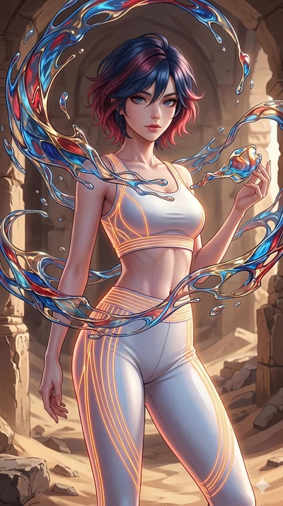 score_9, masterpiece, best quality, ultra-detailed, high-budget anime keyframe, Korean woman. upper body close-up from the thighs up, character filling the screen for maximum presence. interacting with liquid stained-glass that melts and swirls in mi