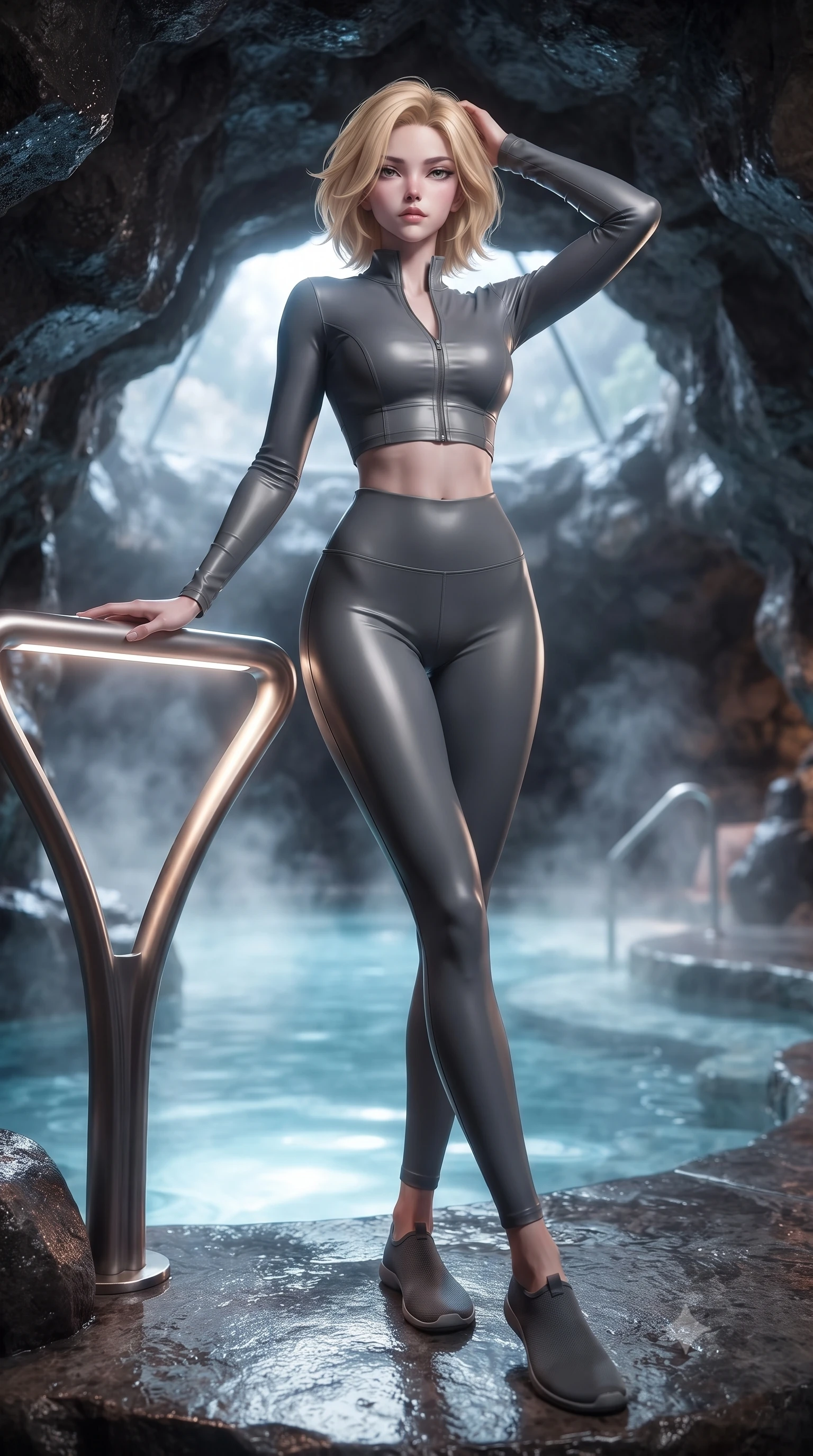 score_9, masterpiece, best quality, ultra-detailed, high-budget anime keyframe, editorial fashion photography, tasteful artistic composition, Caucasian woman. low angle full-body shot from head to toe showing her feet, filling the entire 9:16 vertical frame with her statuesque presence, stretching her vertical silhouette. standing in a tall, confident posture with one hand on a glowing metal railing, stretching her statuesque body, the background shows a soft-focus a cave hot spring pool built inside a natural volcanic glass dome. She has an absolutely perfect, statuesque 8.5-heads proportion, an exceptionally tall and slender model-like female figure with impossibly long slender legs and an ultra-slim waist. sharp v-shaped jawline, high-bridge nose, intricate jewel-like eyes with depth, thick eyelashes, glossy lips with a natural sheen. wearing a tailored body-hugging high-neck activewear set of a zipped long-sleeve crop top and matching leggings in carbon-grey. soft blue light reflecting from the pool water onto rock walls and her skin. ultra-reflective glossy finish, specular highlights, metallic sheen, high-contrast stereoscopic depth, volumetric dynamic lighting, 2k, ultra detail, master piece, 9:16 ratio