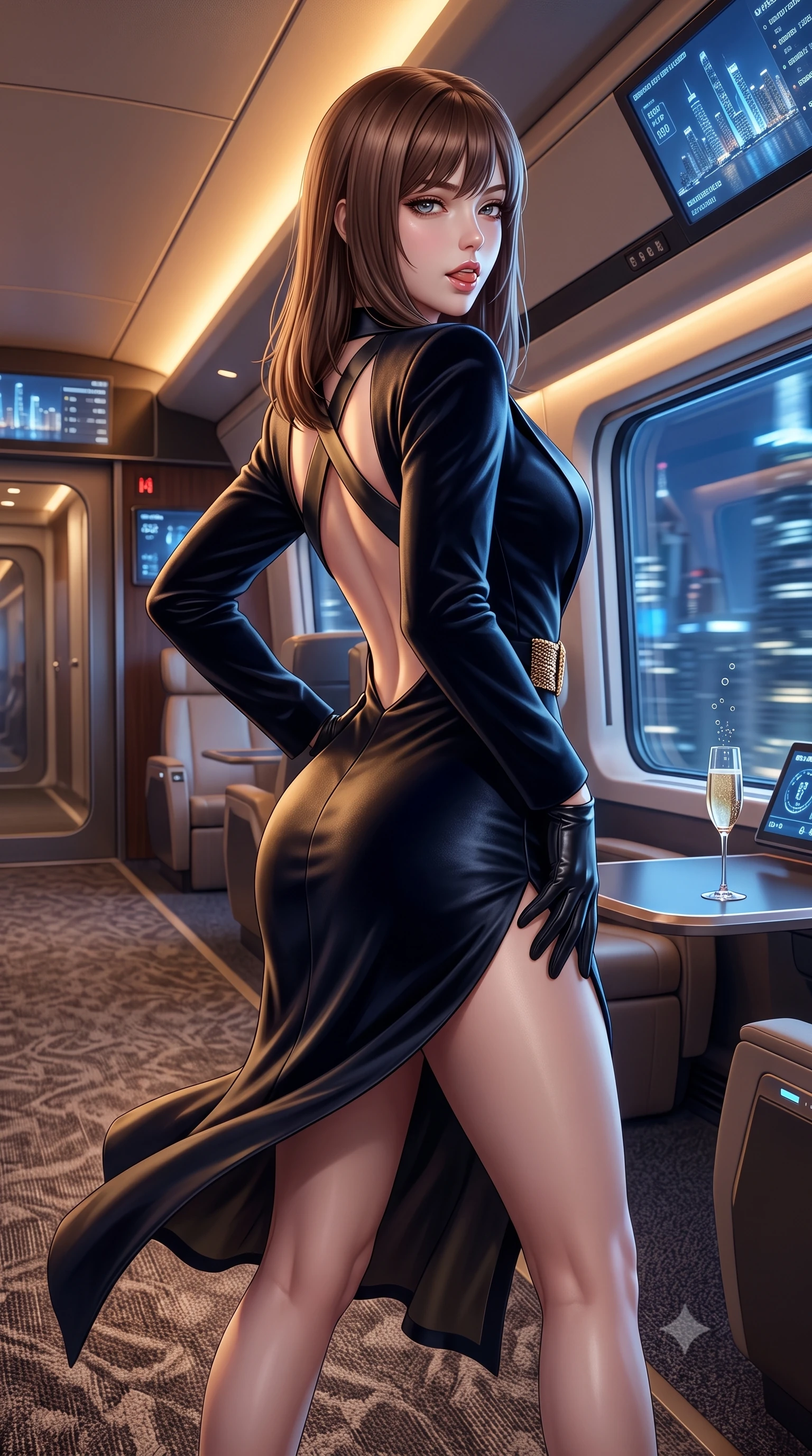 score_9, masterpiece, best quality, ultra-detailed, high-budget anime keyframe, semi-realistic 3D game render, editorial fashion photography, tasteful artistic composition, Korean woman. close-up cowboy shot from the waist and thighs up, the character dominates the composition, filling the frame with her large presence. posing in an alluring rear three-quarter angle, arching her lower back in a pronounced S-curve with one hand on her hip, glancing seductively over her bare shoulder with parted glossy lips while striding down the carpeted maglev aisle with sovereign poise, her tailored high-slit dress fluttering to reveal her long legs. The surrounding environment is rendered in vivid detail and crisp panoramic clarity. detailed fabric tailoring, champagne glass bubbles, and futuristic cityscape speed blur in high clarity. She has an exceptionally elegant, slender, and willowy female figure with an ultra-slim waist, flat toned midriff, narrow ribcage, and sculpted feminine hips creating an alluring, slim hourglass silhouette without bulk. sharp v-shaped jawline, high-bridge nose, intricate jewel-like eyes with depth, thick eyelashes, glossy parted lips with a natural sheen, intensely captivating and seductive bedroom-eyes expression, flawlessly proportioned anatomical accuracy, strict slender model proportions, natural body alignment, perfectly sculpted long slender limbs, ultra-slim waistline, clean dynamic posture without body distortion. wearing a tailored velvet tuxedo jacket dress with satin lapels, worn with a deep plunge neckline and gold hip buckle in midnight obsidian black and liquid gold, formed from supple second-skin lambskin leather with specular sheen, finished with criss-cross back satin straps highlighting her graceful shoulder blades, the glove-like aerodynamic silhouette tightly following the natural contour of her hips and long slender legs with statuesque 8.5-heads elegance. bathed in warm amber cabin cove lighting and cool blue exterior cityscape light sweeps. highly saturated vibrant anime colors, detailed shading with soft gradients, rich glossy textures, high-contrast stereoscopic depth, volumetric dynamic lighting, master piece, 9:16 ratio