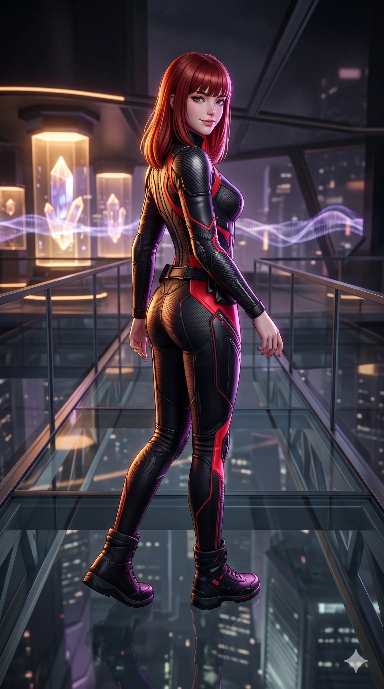 score_9, masterpiece, best quality, ultra-detailed, high-budget anime keyframe, semi-realistic 3D game render, editorial fashion photography, tasteful artistic composition, Caucasian woman. low angle full-body shot from head to toe showing her feet, filling the entire 9:16 vertical frame with her statuesque presence, stretching her vertical silhouette. walking slowly along the transparent glass skybridge, looking back over her shoulder with an air of effortless grace and an alluring, smoldering smile while twisting her slender torso in an alluring S-curve, glowing liquor bottle illumination and soundwave lasers tracing her flat midriff and hourglass curves. The background shows a soft-focus floating illuminated soundwave ribbon visualizers, illuminated crystal liquor displays, and velvet acoustic panels blurred into amber, amethyst, and charcoal bokeh. She has an absolutely perfect, statuesque 8.5-heads proportion, an exceptionally tall and slender model-like female figure with impossibly long slender legs, an ultra-slim waist, a flat toned midriff, narrow delicate ribcage, and beautifully sculpted feminine hips creating a graceful, slim hourglass silhouette without any bulky heaviness. sharp v-shaped jawline, high-bridge nose, intricate jewel-like sparkling eyes with depth, thick eyelashes, glossy parted lips with a natural sheen, bright confident smile with an enchanting and coquettish sensual glint, exuding both youthful magnetic charm and sovereign high-tech allure, flawlessly proportioned anatomical accuracy, strict slender model proportions, natural body alignment, perfectly sculpted long slender limbs, ultra-slim waistline, clean dynamic posture without body distortion. wearing a tailored high-collar aerodynamic flight suit with structured carbon-fiber shoulder plates and ergonomic zip channels in midnight black lacquer and vibrant scarlet neon, woven from high-density tech-wool with subtle metallic thread weave, accented with a sleek utility belt with polished magnetic canisters resting loosely on her curvy hips, the impeccably tailored cut draping gracefully along her slender figure with aristocratic poise. illuminated by counter surface bounce and sharp amber-violet rim lights sculpting her razor-sharp jawline, narrow waist, and curvy hips. highly saturated vibrant anime colors, detailed shading with soft gradients, rich glossy textures, high-contrast stereoscopic depth, volumetric dynamic lighting, master piece, 9:16 ratio