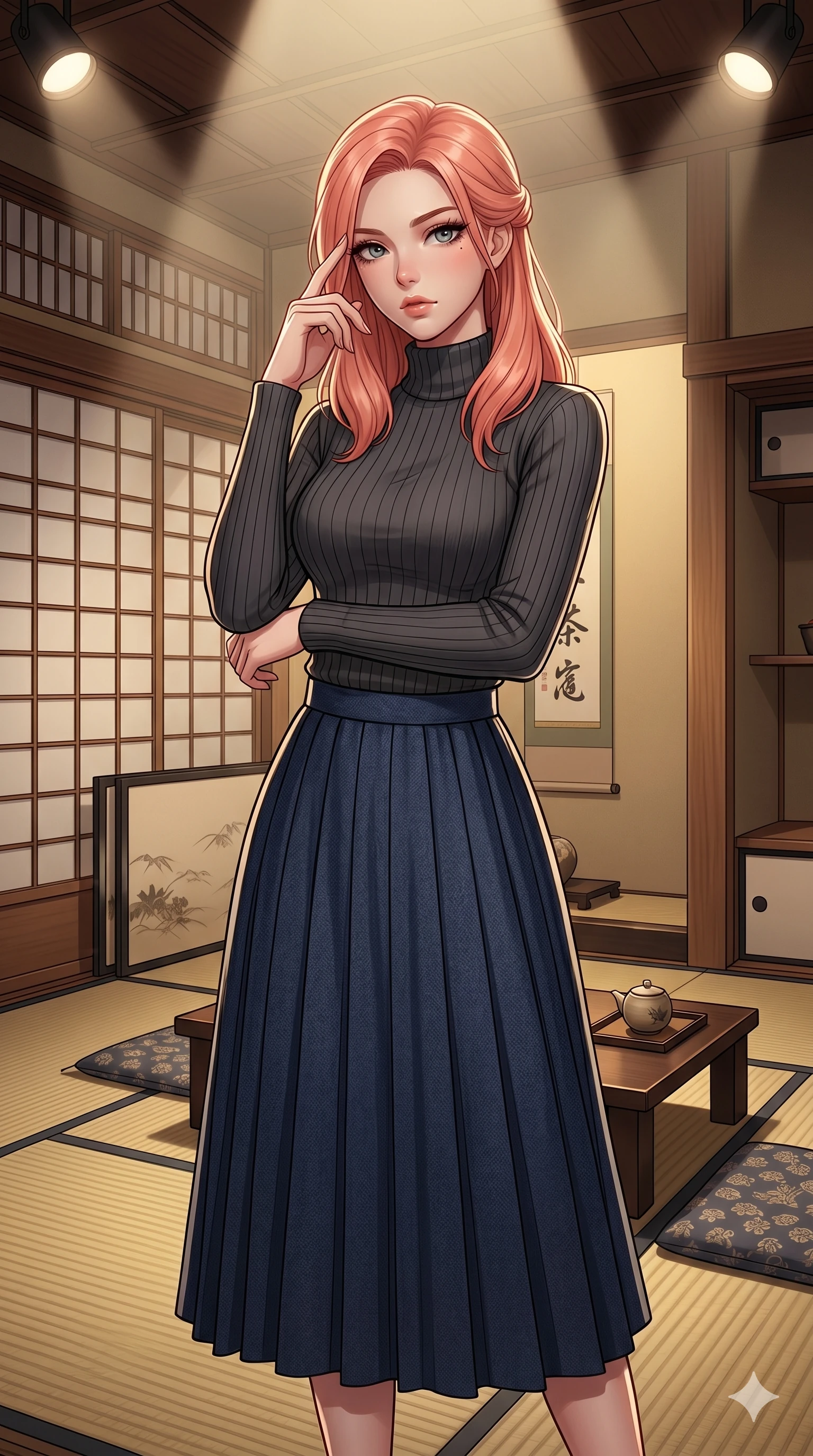 score_9, masterpiece, best quality, ultra-detailed, high-budget anime keyframe, editorial fashion photography, tasteful artistic composition, Japanese woman. cowboy shot from the thighs up, character and outfit filling the frame for maximum editorial presence. pressing two fingers to her temple in a composed, thoughtful gesture, looking past the camera in a traditional Japanese tatami tea room with sliding paper screens (Code-P18-062). She has an absolutely perfect 8-heads proportion, an exceptionally tall and slender female figure with impossibly long slender legs and an ultra-slim waist. V-shaped jawline, high-bridge nose, intricate jewel-like eyes with depth, thick eyelashes, glossy lips with a natural sheen. wearing a high-neck ribbed sweater with pleated skirt. dramatic theater spotlights from above, outlining her tall slender figure and waist. 2k, ultra detail, master piece, 9:16 ratio