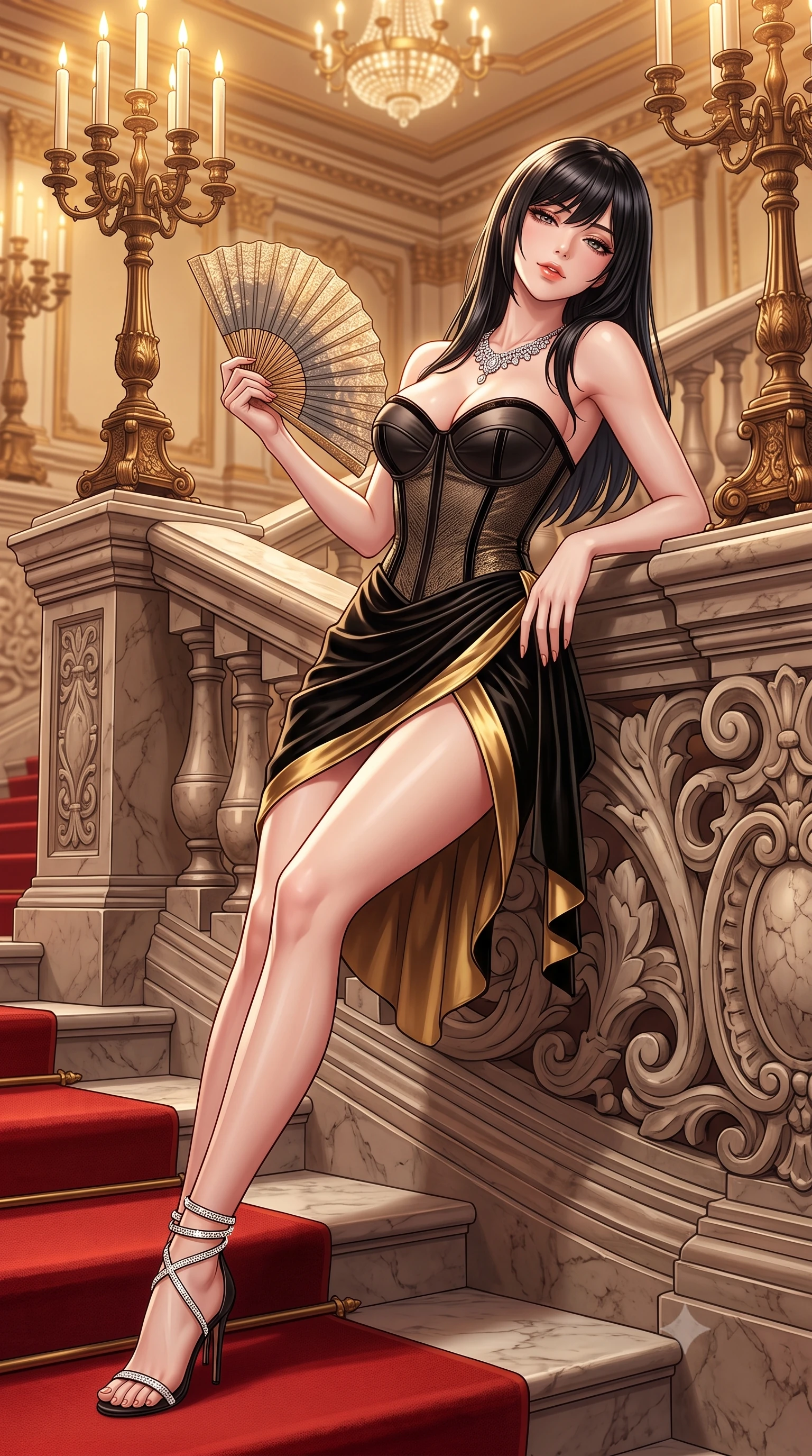 score_9, masterpiece, best quality, ultra-detailed, high-budget anime keyframe, semi-realistic 3D game render, editorial fashion photography, tasteful artistic composition, Caucasian woman. close-up cowboy shot from the waist and thighs up, the character dominates the composition, filling the frame with her large presence. leaning back against the balustrade with relaxed seductive grace, head tilted back slightly while casting a hypnotic, heavy-lidded gaze while sitting poised on the red-carpeted marble landing with legs extended, holding a silk fan with effortless aristocratic allure. The surrounding environment is rendered in vivid detail and crisp panoramic clarity: detailed structured boned corset bodice weave, diamond necklace sparkle, and imperial palace masonry in high resolution. She has an exceptionally elegant, slender, and willowy female figure with an ultra-slim waist, flat toned midriff, narrow ribcage, and sculpted feminine hips creating an alluring, slim hourglass silhouette without bulk. sharp v-shaped jawline, high-bridge nose, sparkling eyes with hypnotic seductive depth, thick curled eyelashes, glossy parted lips with a natural dewy peach sheen, alluring bedroom-eyes with an enchanting coquettish smile, exuding magnetic siren charisma and sophisticated glamour, flawlessly proportioned anatomical accuracy, strict slender model proportions, natural body alignment, perfectly sculpted long slender limbs, ultra-slim waistline, clean dynamic posture without body distortion. wearing a structured boned satin corset bodice with crushed velvet piping paired with a draped tulip mini skirt in Shanghai Art Deco black and polished brass gold, tailored from ultra-plush velvet with rich tactile depth and deep shadow gradients, complemented by strappy stiletto sandals with crystal ankle wraps accentuating her slender calves, the high-slit wrap tailoring accentuating her ultra-slim waistline and the enchanting curve of her feminine hips with alluring seductive charm. bathed in warm golden light from towering bronze candelabras and overhead palace chandeliers. highly saturated vibrant anime colors, detailed shading with soft gradients, rich glossy textures, high-contrast stereoscopic depth, volumetric dynamic lighting, master piece, 9:16 ratio