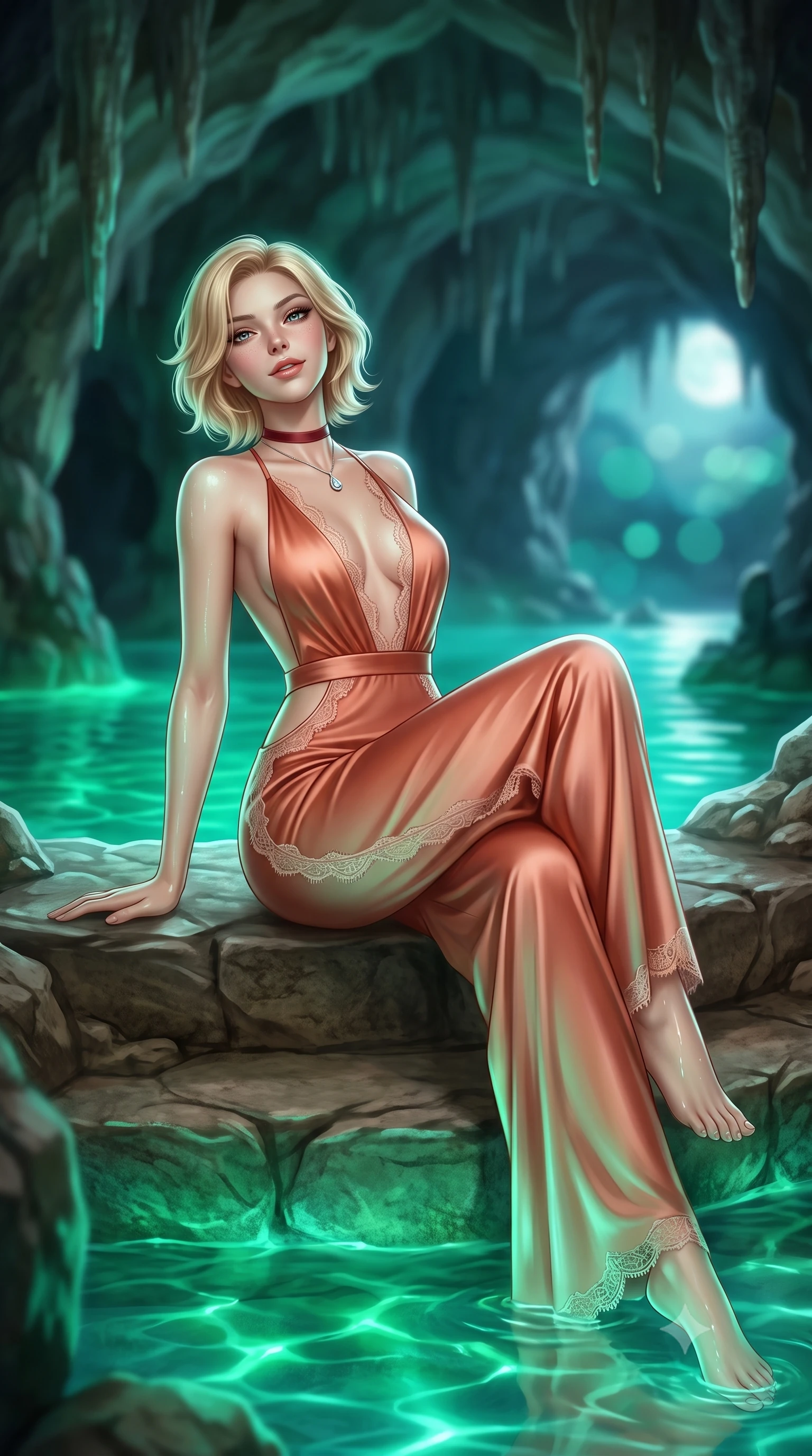 score_9, masterpiece, best quality, ultra-detailed, high-budget anime keyframe, semi-realistic 3D game render, editorial fashion photography, tasteful artistic composition, Caucasian woman. low angle full-body shot from head to toe showing her feet, filling the entire 9:16 vertical frame with her statuesque presence, stretching her vertical silhouette. sitting poised on the stone steps with one knee bent, arching her spine with supermodel elegance as she glances upward through thick eyelashes while lounging in the shallow cave pool propped on one hand, her wet-look silhouette radiating mystical Mediterranean enchantment. The background shows a soft-focus soaring vaulted sea cave roof with dripping stalactites, glowing emerald subterranean water basin, and moonlit cave entrance blurred into seafoam, jade, and obsidian bokeh. She has an absolutely perfect, statuesque 8.5-heads proportion, an exceptionally tall and slender model-like female figure with impossibly long slender legs, an ultra-slim waist, a flat toned midriff, narrow delicate ribcage, and beautifully sculpted feminine hips creating a graceful, slim hourglass silhouette without any bulky heaviness. sharp v-shaped jawline, high-bridge nose, sparkling eyes with hypnotic seductive depth, thick curled eyelashes, glossy parted lips with a natural dewy peach sheen, alluring bedroom-eyes with an enchanting coquettish smile, exuding magnetic siren charisma and sophisticated glamour, flawlessly proportioned anatomical accuracy, strict slender model proportions, natural body alignment, perfectly sculpted long slender limbs, ultra-slim waistline, clean dynamic posture without body distortion. wearing a backless plunge-front silk satin jumpsuit with fluid wide-leg silhouette and side hip cutouts in Positano terracotta and blush peach, made of delicate semi-sheer French Chantilly lace with intricate eyelash edges, finished with a thin velvet ribbon choker and a single teardrop diamond pendant, the second-skin tailored fabric adhering flawlessly to her sculpted flat midriff and slender torso, emphasizing her long leg lines and perfectly proportioned willowy build. bathed in supernatural glowing emerald and aquamarine light radiating upward from bioluminescent cave waters. highly saturated vibrant anime colors, detailed shading with soft gradients, rich glossy textures, high-contrast stereoscopic depth, volumetric dynamic lighting, master piece, 9:16 ratio