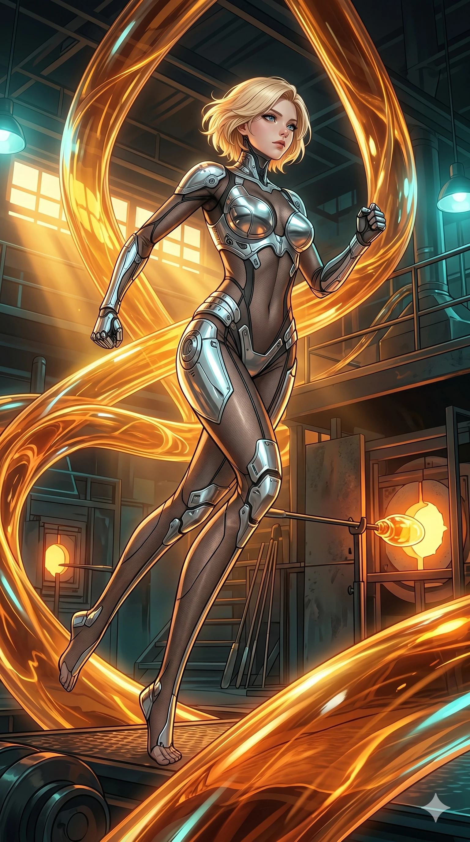 score_9, masterpiece, best quality, ultra-detailed, high-budget anime keyframe, Japanese woman. low angle full-body shot filling the entire 9:16 frame with her statuesque presence, stretching the vertical silhouette. bounding through a molten glass art studio where twisting, glowing amber glass tubes rotate like fluid rivers in a heated environment. She has an absolutely perfect 8-heads proportion, an exceptionally tall and slender female figure with impossibly long slender legs and an ultra-slim waist. V-shaped jawline, high-bridge nose, intricate jewel-like eyes with depth, thick eyelashes, glossy lips with a natural sheen.. wearing a bionic chrome plate bodysuit, featuring silver chrome plates covering the bust and hips, connected by sheer black mesh panels. showcasing a beautiful play of light and shadow, with warm golden rays clashing against cool cyan highlights. 2k, ultra detail, master piece, 9:16 ratio