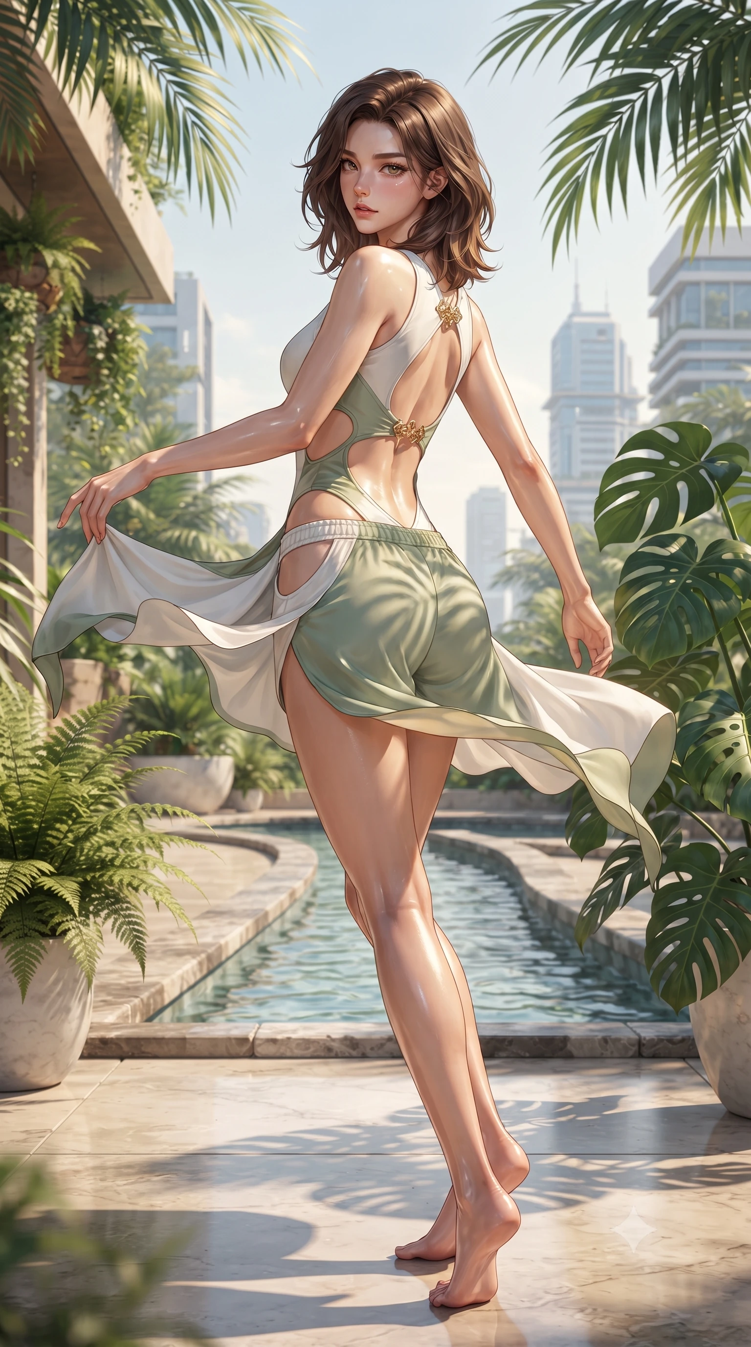 score_9, masterpiece, best quality, ultra-detailed, high-budget anime keyframe, editorial fashion photography, tasteful artistic composition, Korean woman. low angle full-body shot from head to toe showing her feet, filling the entire 9:16 vertical frame with her statuesque presence, stretching her vertical silhouette. executing an elegant mid-motion turn as garments swirl around her slender limbs, glancing over her shoulder with smoldering allure while reclining on the sunlit terrace with legs crossed, basking in warm golden sunbeams that illuminate her toned midriff. The surrounding environment is rendered in vivid detail and crisp panoramic clarity. detailed architectural greenery, flowing water channels, and fabric textures in crisp panoramic resolution. She has an absolutely perfect, statuesque 8.5-heads proportion, an exceptionally tall and slender model-like female figure with impossibly long slender legs, a toned flat midriff, and an ultra-slim waist. sharp v-shaped jawline, high-bridge nose, intricate jewel-like eyes with depth, thick eyelashes, glossy parted lips with a natural sheen, intensely captivating and seductive expression, flawlessly proportioned anatomical accuracy, strict slender model proportions, natural body alignment, perfectly sculpted long slender limbs, ultra-slim waistline, clean dynamic posture without body distortion. wearing a cut-out solarpunk asymmetrical bodysuit with organic leaf-curve side openings and athletic shorts in pure alabaster white and fresh sage green, tailored from lightweight performance eco-mesh with breathable cutouts, finished with a dramatic open back secured by golden filigree clasps, the relaxed yet flattering fit accentuating her naturally graceful and slender figure, highlighting her tall statuesque proportions. illuminated by organic stencil shadows from tropical leaves tracing her sculpted torso and legs. ultra-reflective glossy finish, specular highlights, rich textural contrasts, high-contrast stereoscopic depth, volumetric dynamic lighting, 2k, ultra detail, master piece, 9:16 ratio