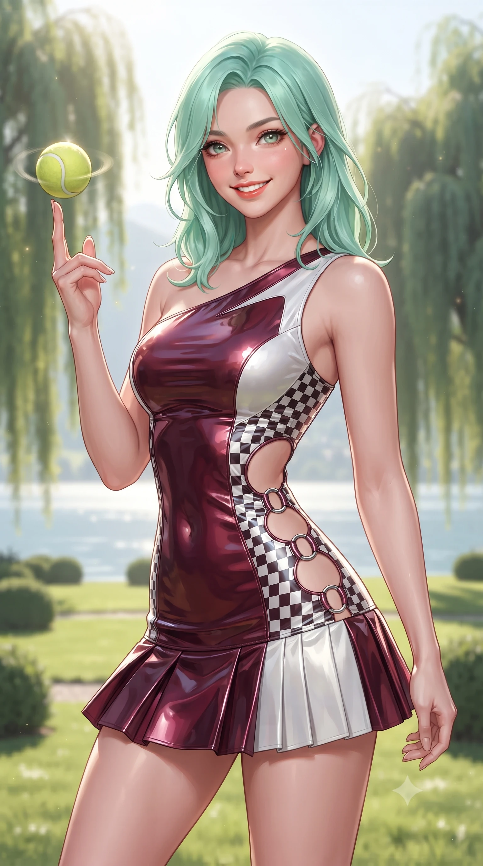 score_9, masterpiece, best quality, ultra-detailed, high-budget anime keyframe, editorial fashion photography, tasteful artistic composition, Japanese woman. close-up cowboy shot from the waist and thighs up, the character dominates the composition, filling the frame with her large presence. playfully spinning a tennis ball on her fingertips, her radiant smile capturing fresh girlhood charm while her arched torso reveals an intoxicating hip contour while twisting her slender torso in an alluring contrapposto stance, crisp alpine breezes fluttering her pleated tennis skirt around her legs and hips. The background shows a soft-focus centuries-old weeping willows and manicured private estate lawns softened in prestigious Swiss shallow focus. She has an exceptionally elegant, slender, and willowy female figure with an ultra-slim waist, flat toned midriff, narrow ribcage, and sculpted feminine hips creating an alluring, slim hourglass silhouette without bulk. sharp v-shaped jawline, high-bridge nose, sparkling eyes with athletic focus and depth, thick curled eyelashes, glossy parted lips with a natural coral-peach sheen, bright confident and coquettish smile with alluring bedroom-eyes, exuding both youthful sporty vigor and sovereign high-society glamour, flawlessly proportioned anatomical accuracy, strict slender model proportions, natural body alignment, perfectly sculpted long slender limbs, ultra-slim waistline, clean dynamic posture without body distortion. wearing an asymmetric one-shoulder metallic racing mini dress with checkered flag embroidery hugging her narrow waist and hips in rich burgundy wine and crisp court white, made of high-gloss reflective patent leather with mirror-like specular highlights, finished with sharp laser-cut side ventilation cutouts framed by chrome rings, the precision-cut side openings and low-back scoop framing her graceful spine and the sensual sweep of her slim, athletic hips. bathed in luminous alpine morning sunlight cascading across the vast lake basin. ultra-reflective glossy finish, specular highlights, rich textural contrasts, high-contrast stereoscopic depth, volumetric dynamic lighting, 2k, ultra detail, master piece, 9:16 ratio