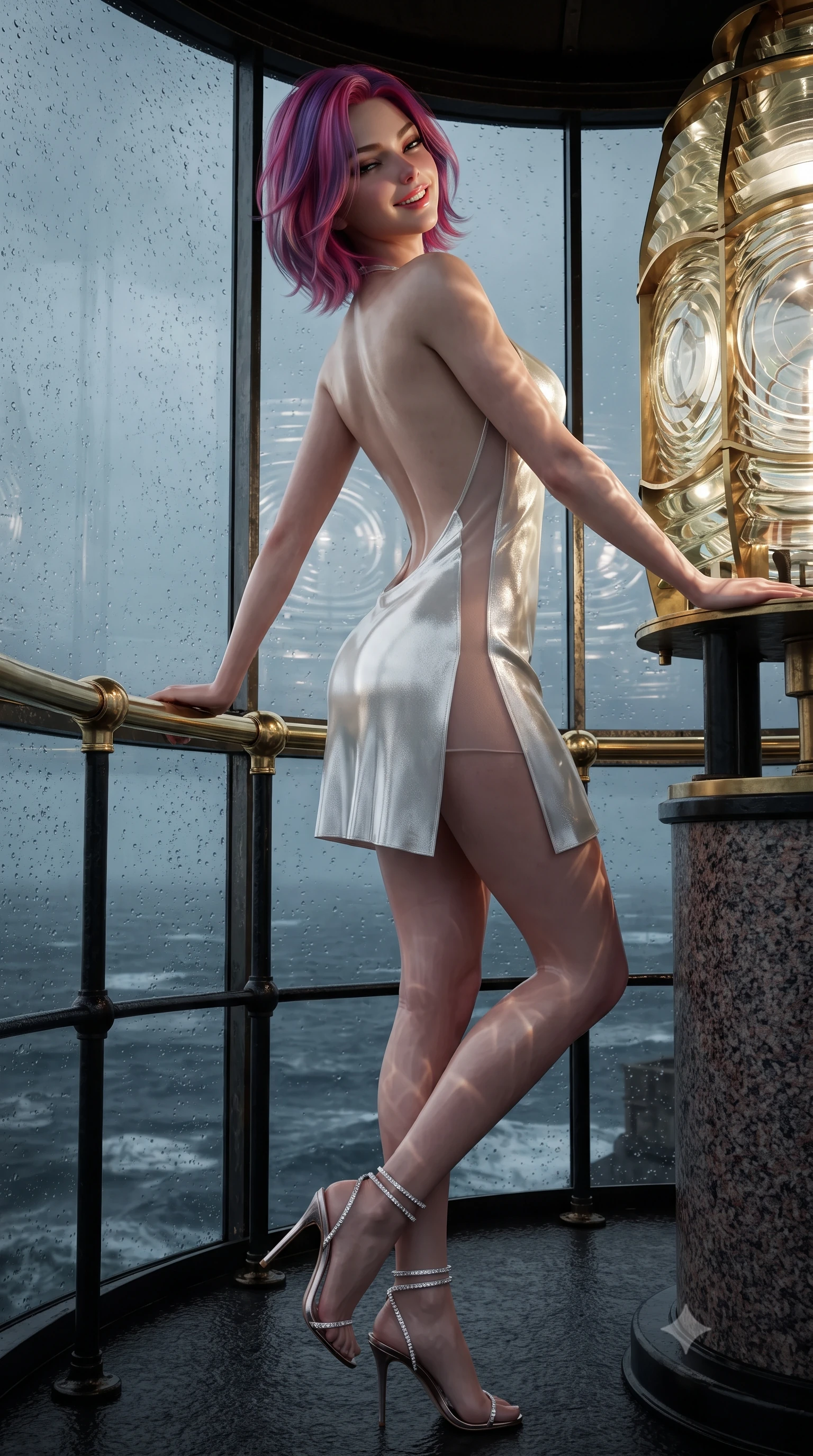 score_9, masterpiece, best quality, ultra-detailed, high-budget anime keyframe, editorial fashion photography, tasteful artistic composition, Caucasian woman. close-up cowboy shot from the waist and thighs up, the character dominates the composition, filling the frame with her large presence. leaning back against the balustrade with relaxed seductive grace, head tilted back slightly while casting a hypnotic, heavy-lidded gaze while standing poised inside the circular glass lantern room atop the historic granite lighthouse, arching her lower back with fierce diva charisma as Atlantic gale winds buffet the tower. The surrounding environment is rendered in vivid detail and crisp panoramic clarity: sharp brass lens frame hardware, concentric prisms of the antique Fresnel lens, and dark sea spray droplet clarity in deep focus. She has an exceptionally elegant, slender, and willowy female figure with an ultra-slim waist, flat toned midriff, narrow ribcage, and sculpted feminine hips creating an alluring, slim hourglass silhouette without bulk. sharp v-shaped jawline, high-bridge nose, intricate jewel-like sparkling eyes with depth, thick eyelashes, glossy parted lips with a natural peach sheen, bright cheerful beaming smile with an enchanting and coquettish sensual glint, exuding both youthful cute charm and seductive allure, flawlessly proportioned anatomical accuracy, strict slender model proportions, natural body alignment, perfectly sculpted long slender limbs, ultra-slim waistline, clean dynamic posture without body distortion. wearing a provocative backless halterneck silk lamé mini dress with deep scoop back down to her lower spine and thigh-high slit in pure translucent crystal white and liquid platinum, featuring strategic sheer-illusion tulle side panels framing her ribcage and hips, complemented by strappy stiletto sandals with crystal ankle wraps accentuating her slender calves, the liquid-tight tailored fabric clinging flawlessly to her narrow waist and rounded feminine hips, emphasizing every millimeter of her sculpted slim hourglass curves without any bulky heaviness. illuminated by curved glass reflection bounce and sharp platinum-gold rim lights defining her dewy collarbones, ultra-slim waist, and curvy hips. ultra-reflective glossy finish, specular highlights, rich textural contrasts, high-contrast stereoscopic depth, volumetric dynamic lighting, 2k, ultra detail, master piece, 9:16 ratio