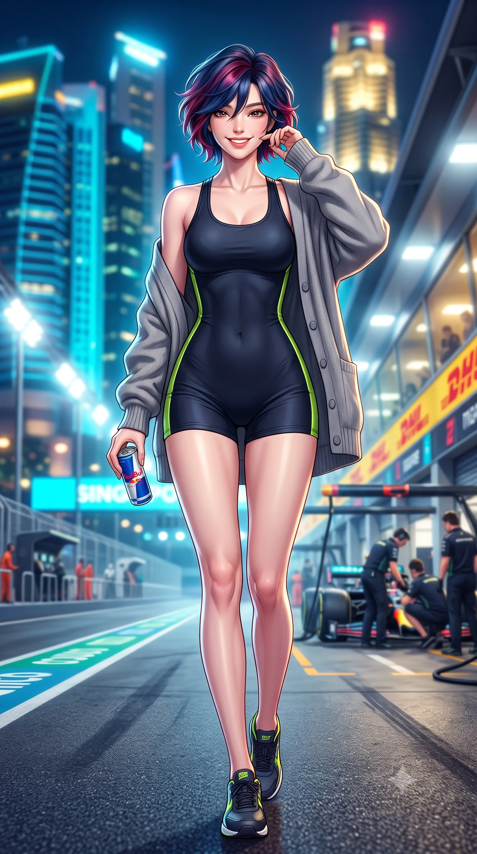 score_9, masterpiece, best quality, ultra-detailed, high-budget anime keyframe, semi-realistic 3D game render, editorial fashion photography, tasteful artistic composition, Korean woman. low angle full-body shot from head to toe showing her feet, filling the entire 9:16 vertical frame with her statuesque presence, stretching her vertical silhouette. stepping forward gracefully across the paddock tarmac in mid-motion with a radiant beaming smile, hips swaying in an alluring kinetic rhythm that accentuates her curvy hourglass silhouette and long slender legs while lounging in the private air-conditioned paddock suite with legs crossed, holding a chilled energy drink while flashing a dangerous, playful half-smile. The background shows a soft-focus the dazzling high-intensity track floodlights, roaring pit lane garages, and futuristic Singapore skyline blurred into electric cyan, gold, and magenta bokeh. She has an absolutely perfect, statuesque 8.5-heads proportion, an exceptionally tall and slender model-like female figure with impossibly long slender legs, an ultra-slim waist, a flat toned midriff, narrow delicate ribcage, and beautifully sculpted feminine hips creating a graceful, slim hourglass silhouette without any bulky heaviness. sharp v-shaped jawline, high-bridge nose, sparkling eyes with athletic focus and depth, thick curled eyelashes, glossy parted lips with a natural coral-peach sheen, bright confident and coquettish smile with alluring bedroom-eyes, exuding both youthful sporty vigor and sovereign high-society glamour, flawlessly proportioned anatomical accuracy, strict slender model proportions, natural body alignment, perfectly sculpted long slender limbs, ultra-slim waistline, clean dynamic posture without body distortion. wearing a bodycon racerback athletic romper with high-cut leg openings and side racing stripe tape accentuating her curvy hips in deep midnight carbon and luminous lime green piping, made of smooth liquid-tight stretch jersey emphasizing every curve of her body, complemented by an oversized cashmere knit cardigan slipping off one bare shoulder, the form-contouring athletic cut accentuating her sculpted flat midriff, narrow delicate ribcage, and gracefully curvy hips with supermodel precision. illuminated by telemetry screen bounce and sharp platinum rim lights carving her razor-sharp jawline, narrow waist, and curvy hips. highly saturated vibrant anime colors, detailed shading with soft gradients, rich glossy textures, high-contrast stereoscopic depth, volumetric dynamic lighting, master piece, 9:16 ratio