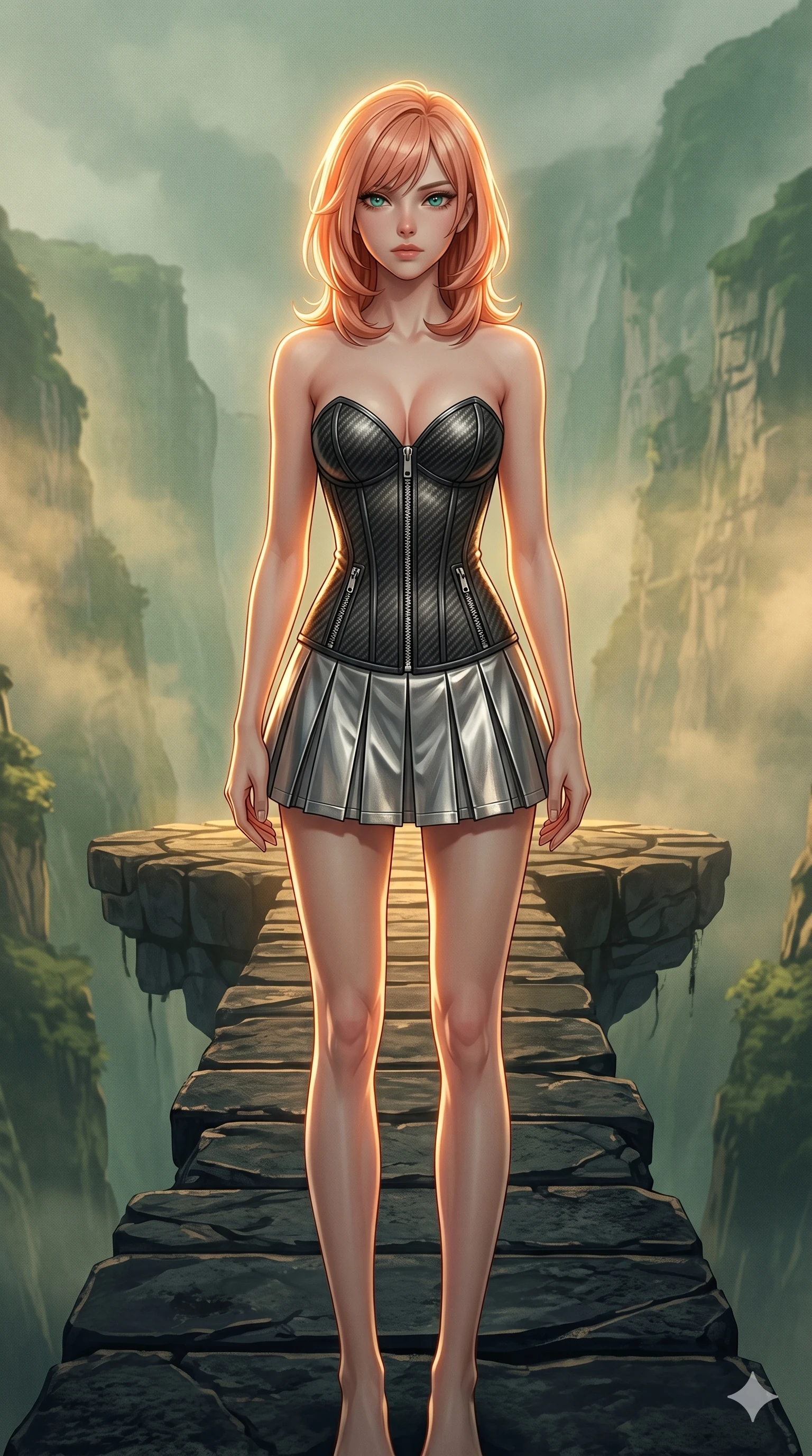 score_9, masterpiece, best quality, ultra-detailed, high-budget anime keyframe, editorial fashion photography, tasteful artistic composition, Japanese woman. cowboy shot from the thighs up, character and outfit filling the frame for maximum editorial presence. Casting a slow, direct gaze beneath heavy lashes with quiet intensity on a floating bridge of dark stone connecting two cliffs in a misty green canyon. She has an absolutely perfect 8-heads proportion, an exceptionally tall and slender female figure with impossibly long slender legs and an ultra-slim waist. V-shaped jawline, high-bridge nose, intricate jewel-like eyes with depth, thick eyelashes, glossy lips with a natural sheen. wearing a carbon-fiber textured structured corset with silver zippers, paired with a pleated metallic silver mini combat skirt. under warm golden hour backlighting creating a luminous radiant halo around her silhouette. 2k, ultra detail, master piece, 9:16 ratio