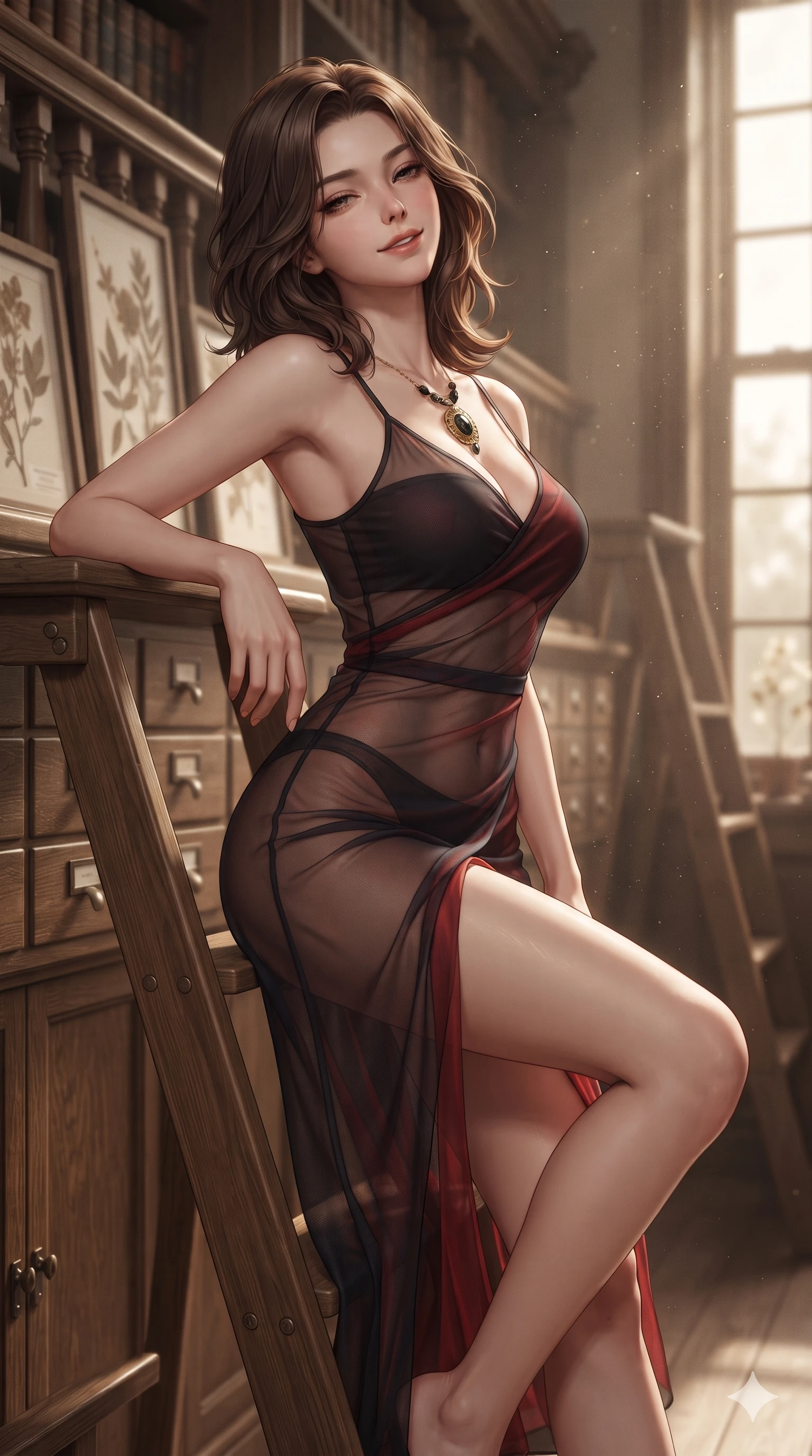 score_9, masterpiece, best quality, ultra-detailed, high-budget anime keyframe, editorial fashion photography, tasteful artistic composition, Korean woman. close-up cowboy shot from the waist and thighs up, the character dominates the composition, filling the frame with her large presence. leaning back against the balustrade with relaxed seductive grace, head tilted back slightly while casting a hypnotic, heavy-lidded gaze while perched sideways on the oak library library steps, one knee drawn up to showcase her slender leg line while her arched back accentuates her curves. The background shows a soft-focus rows of antique oak herbarium drawers, framed pressed botanical specimens, and rolling library ladders blurred into honey, sepia, and oak bokeh. She has an exceptionally elegant, slender, and willowy female figure with an ultra-slim waist, flat toned midriff, narrow ribcage, and sculpted feminine hips creating an alluring, slim hourglass silhouette without bulk. sharp v-shaped jawline, high-bridge nose, sparkling eyes with hypnotic seductive depth, thick curled eyelashes, glossy parted lips with a natural dewy peach sheen, alluring bedroom-eyes with an enchanting coquettish smile, exuding magnetic siren charisma and sophisticated glamour, flawlessly proportioned anatomical accuracy, strict slender model proportions, natural body alignment, perfectly sculpted long slender limbs, ultra-slim waistline, clean dynamic posture without body distortion. wearing a delicately layered semi-sheer gossamer silk slip dress revealing her sculpted silhouette over an opaque micro-bandeau and briefs in midnight obsidian black and rich cinnabar red, crafted from translucent iridescent mesh with a wet-look second-skin cling, finished with an authentic engraved gold medallion and obsidian cabochons, the high-slit wrap tailoring accentuating her ultra-slim waistline and the enchanting curve of her feminine hips with alluring seductive charm. bathed in soft warm afternoon light streaming through tall library sash windows with drifting dust motes. ultra-reflective glossy finish, specular highlights, rich textural contrasts, high-contrast stereoscopic depth, volumetric dynamic lighting, 2k, ultra detail, master piece, 9:16 ratio