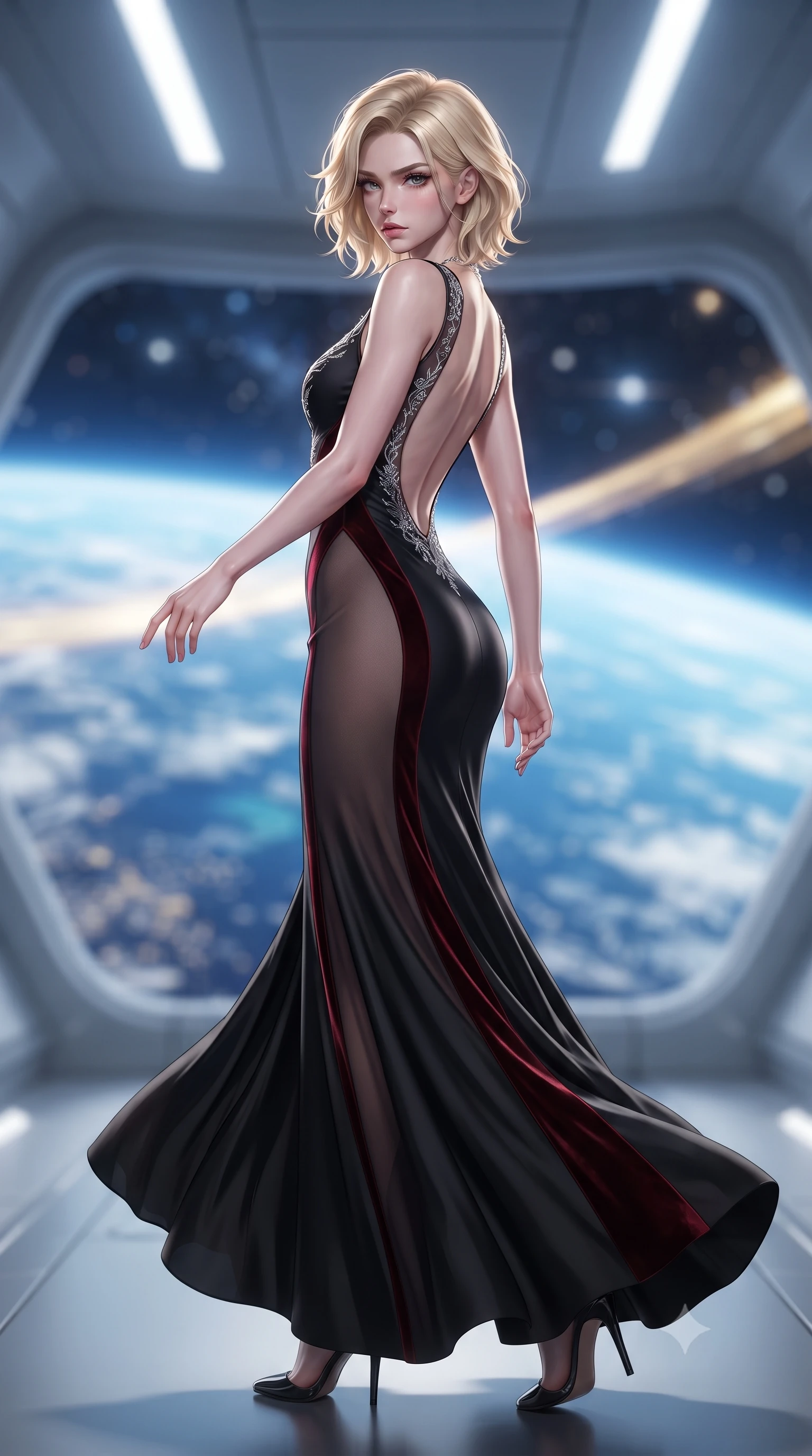 score_9, masterpiece, best quality, ultra-detailed, high-budget anime keyframe, editorial fashion photography, tasteful artistic composition, Caucasian woman. low angle full-body shot from head to toe showing her feet, filling the entire 9:16 vertical frame with her statuesque presence, stretching her vertical silhouette. executing an elegant mid-motion pivot turn as garments swirl around her slender limbs, glancing over her shoulder with an intoxicating bedroom-gaze while pivoting gracefully along the illuminated orbital corridor, her liquid metallic garments clinging to her sculpted flat midriff and feminine hips. The composition keeps background elements in soft focus with creamy bokeh. swirling blue Earth oceans and blinding orbital sunrise ribbons blurred into deep azure, liquid gold, and starlight diamond bokeh. She has an exceptionally tall and slender model-like 8.5-heads proportion, an ultra-slim waist, a flat toned midriff, narrow delicate ribcage, and beautifully sculpted feminine hips creating a graceful, slim hourglass silhouette without any bulky heaviness, with impossibly long slender legs. sharp v-shaped jawline, high-bridge nose, intricate jewel-like eyes with depth, thick eyelashes, glossy parted lips with a natural sheen, intensely captivating and seductive bedroom-eyes expression, flawlessly proportioned anatomical accuracy, strict slender model proportions, natural body alignment, perfectly sculpted long slender limbs, ultra-slim waistline, clean dynamic posture without body distortion. wearing a second-skin black silk jersey maxi dress with asymmetrical sheer mesh side panels tracing the full curve of her hip in phantom obsidian black and blood-red velvet, made of fluid silk crepe with delicate inner corsetry boning, finished with delicate crystal frost embroidery tracing the plunging neckline, the dramatically scooped open back descending to the base of her spine, accentuating her razor-sharp statuesque lines and slim hourglass silhouette. surrounded by a celestial, sovereign, and breathlessly magnificent orbital empress aura. ultra-reflective glossy finish, specular highlights, rich textural contrasts, high-contrast stereoscopic depth, volumetric dynamic lighting, 2k, ultra detail, master piece, 9:16 ratio
