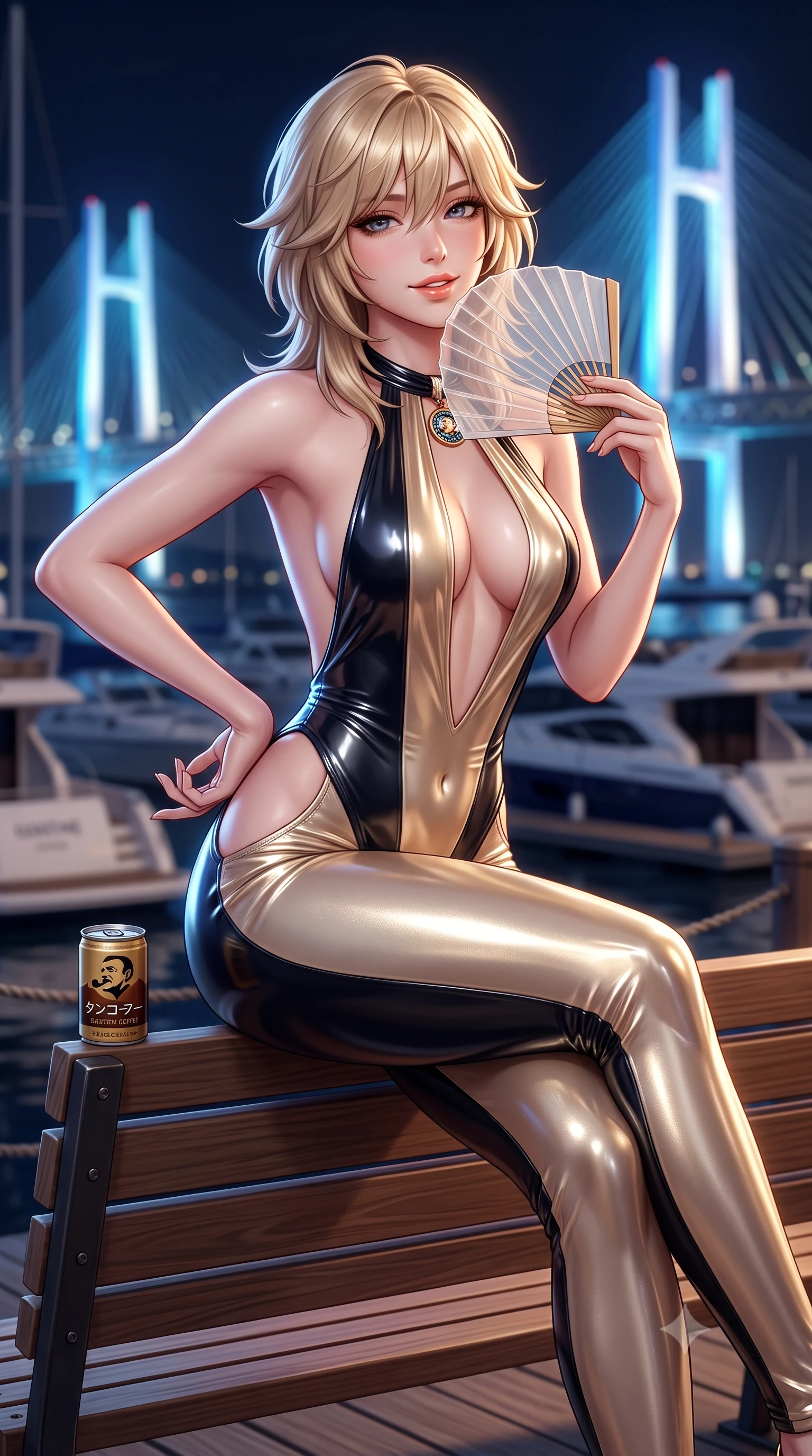 score_9, masterpiece, best quality, ultra-detailed, high-budget anime keyframe, semi-realistic 3D game render, editorial fashion photography, tasteful artistic composition, Japanese woman. close-up cowboy shot from the waist and thighs up, the character dominates the composition, filling the frame with her large presence. twisting her slender torso in an alluring contrapposto stance, one hand resting on her sculpted hip while her fingers toy with her hair with effortless poise while sitting perched gracefully on the pier bench with legs extended, holding a canned coffee while flashing a warm coquettish smile. The background shows a soft-focus moored luxury yachts softened in breezy maritime night shallow focus. She has an exceptionally elegant, slender, and willowy female figure with an ultra-slim waist, flat toned midriff, narrow ribcage, and sculpted feminine hips creating an alluring, slim hourglass silhouette without bulk. sharp v-shaped jawline, high-bridge nose, sparkling eyes with hypnotic seductive depth, thick curled eyelashes, glossy parted lips with a natural dewy peach sheen, alluring bedroom-eyes with an enchanting coquettish smile, exuding magnetic siren charisma and sophisticated glamour, flawlessly proportioned anatomical accuracy, strict slender model proportions, natural body alignment, perfectly sculpted long slender limbs, ultra-slim waistline, clean dynamic posture without body distortion. wearing a liquid metallic lamé plunge halterneck jumpsuit clinging like a second skin with high-cut side hip cutouts in midnight obsidian black and shimmering liquid champagne gold, crafted from wet-look high-gloss vinyl fabric with dazzling specular surface reflections, finished with a transparent silk folding fan held gracefully near her glossy parted lips, the precision-cut side openings and low-back scoop framing her graceful spine and the sensual sweep of her slim, toned hips. bathed in the glowing azure and white illumination of the suspension bridge towers. highly saturated vibrant anime colors, detailed shading with soft gradients, rich glossy textures, high-contrast stereoscopic depth, volumetric dynamic lighting, master piece, 9:16 ratio