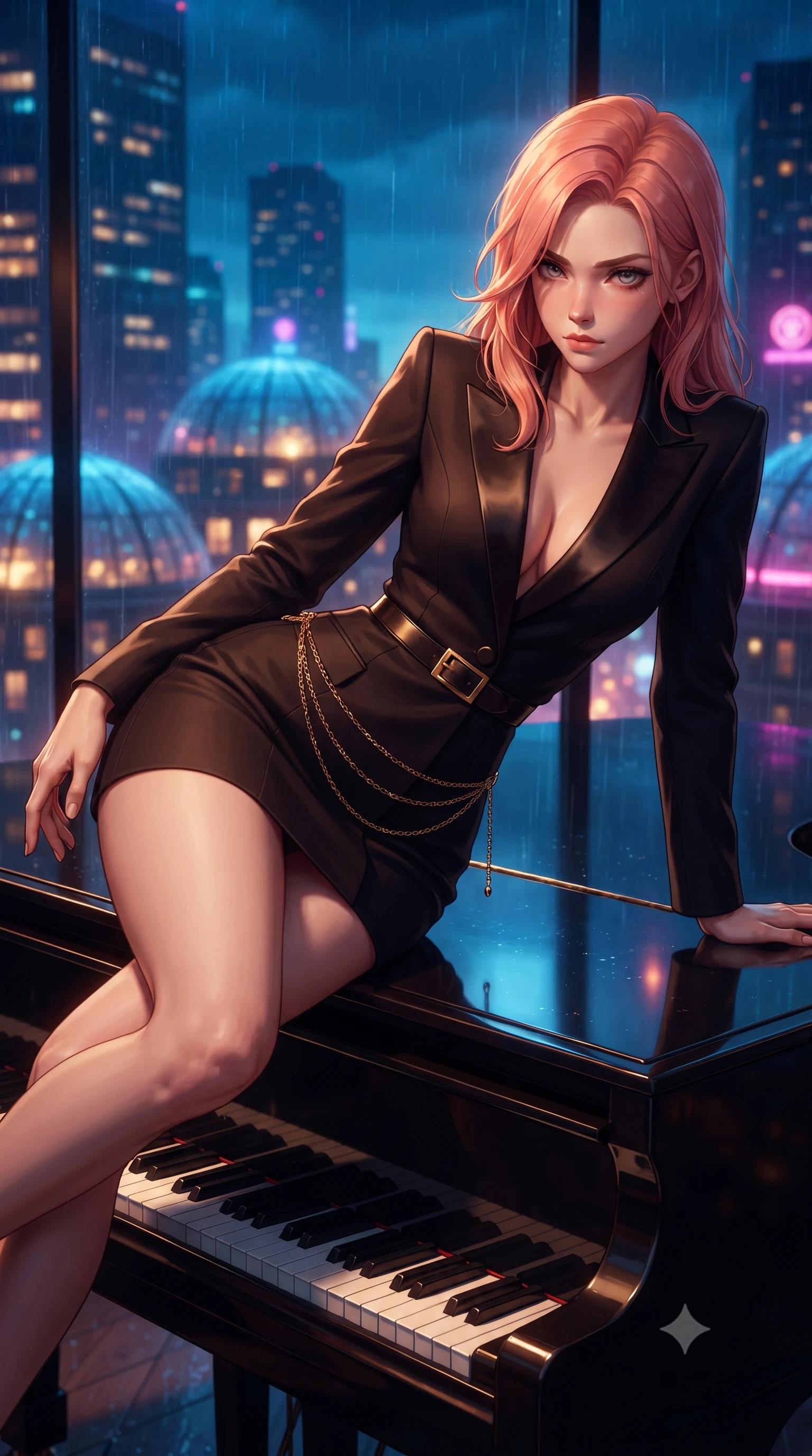 score_9, masterpiece, best quality, ultra-detailed, high-budget anime keyframe, editorial fashion photography, tasteful artistic composition, Japanese woman. close-up cowboy shot from the waist and thighs up, the character dominates the composition, filling the frame with her large presence. leaning forward against the polished railing with her hips cocked back, creating an intoxicating curve from her narrow waist to sculpted hips as she gazes back into the lens while reclining across the polished lacquer lid of a grand piano propped on one elbow, arching her lower back to accentuate her feminine curves as she gazes into the lens. The composition keeps background elements in soft focus with creamy bokeh. rain-drenched skyscraper neon lights and glowing glass penthouse domes blurred into deep sapphire, warm amber, and magenta bokeh. She has an exceptionally elegant, slender, and willowy female figure with an ultra-slim waist, a gracefully sculpted slender torso, toned flat midriff, and rounded feminine hips creating an alluring hourglass silhouette. sharp v-shaped jawline, high-bridge nose, intricate jewel-like eyes with depth, thick eyelashes, glossy parted lips with a natural sheen, intensely captivating and seductive bedroom-eyes expression, flawlessly proportioned anatomical accuracy, strict slender model proportions, natural body alignment, perfectly sculpted long slender limbs, ultra-slim waistline, clean dynamic posture without body distortion. wearing a tailored royal tuxedo jacket dress with silk satin lapels and a slim gold-buckle waist belt in dark espresso brown and molten gold foil, formed from shimmering floral lace over smooth opaque silk lining, accented with a delicate gold chain belt resting loosely on her curvy hips, the liquid-tight tailored fabric clinging flawlessly to her narrow waist and rounded feminine hips, emphasizing every millimeter of her sculpted hourglass curves during movement. bathed in warm amber incandescent piano lamp glow contrasting with cool blue rain-slicked skylight. ultra-reflective glossy finish, specular highlights, rich textural contrasts, high-contrast stereoscopic depth, volumetric dynamic lighting, 2k, ultra detail, master piece, 9:16 ratio