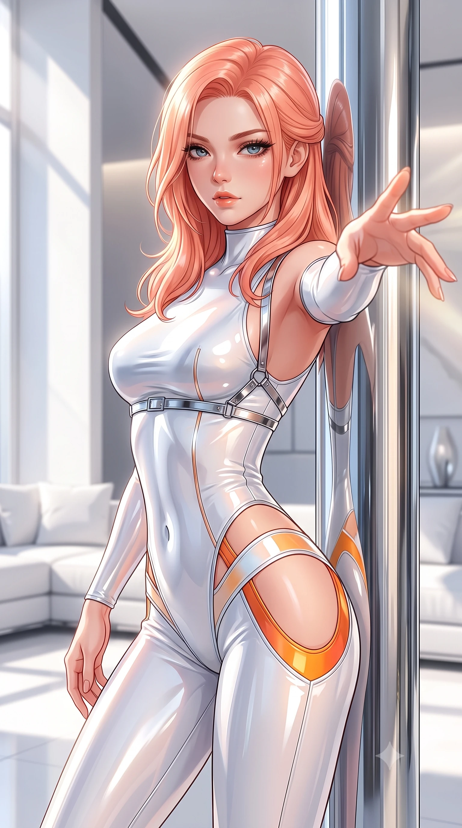 score_9, masterpiece, best quality, ultra-detailed, high-budget anime keyframe, semi-realistic 3D game render, editorial fashion photography, tasteful artistic composition, Japanese woman. close-up cowboy shot from the waist and thighs up, the character dominates the composition, filling the frame with her large presence. extending one arm gracefully toward the light while her torso arches in a sleek, alluring curve with magnetic intensity while leaning against a polished chrome architectural column with a confident, smoldering editorial gaze. The surrounding environment is rendered in vivid detail and crisp panoramic clarity. high-contrast pristine white decor and sunlit architectural lines rendered with environmental sharpness. She has an exceptionally elegant, slender, and willowy female figure with an ultra-slim waist, a gracefully sculpted slender torso, toned flat midriff, and a refined slim silhouette. sharp v-shaped jawline, high-bridge nose, intricate jewel-like eyes with depth, thick eyelashes, glossy lips with a natural sheen, flawlessly proportioned anatomical accuracy, strict slender model proportions, natural body alignment, perfectly sculpted long slender limbs, ultra-slim waistline, clean dynamic posture without body distortion. wearing a second-skin white liquid-mercury micro-bodysuit sculpted tightly to her slender build, featuring razor-thin metallic straps and hip cutouts in vivid sunset amber orange and cloud white, formed from high-gloss patent material with specular light reflections, reinforced by a sleek metallic chrome harness and delicate glowing micro-straps, the form-contouring material adhering flawlessly to her sculpted flat midriff and slender torso, emphasizing her long leg lines and perfectly proportioned willowy build. surrounded by a hyper-clean, sophisticated, and ultra-chic luxury editorial aura. highly saturated vibrant anime colors, detailed shading with soft gradients, rich glossy textures, high-contrast stereoscopic depth, volumetric dynamic lighting, master piece, 9:16 ratio