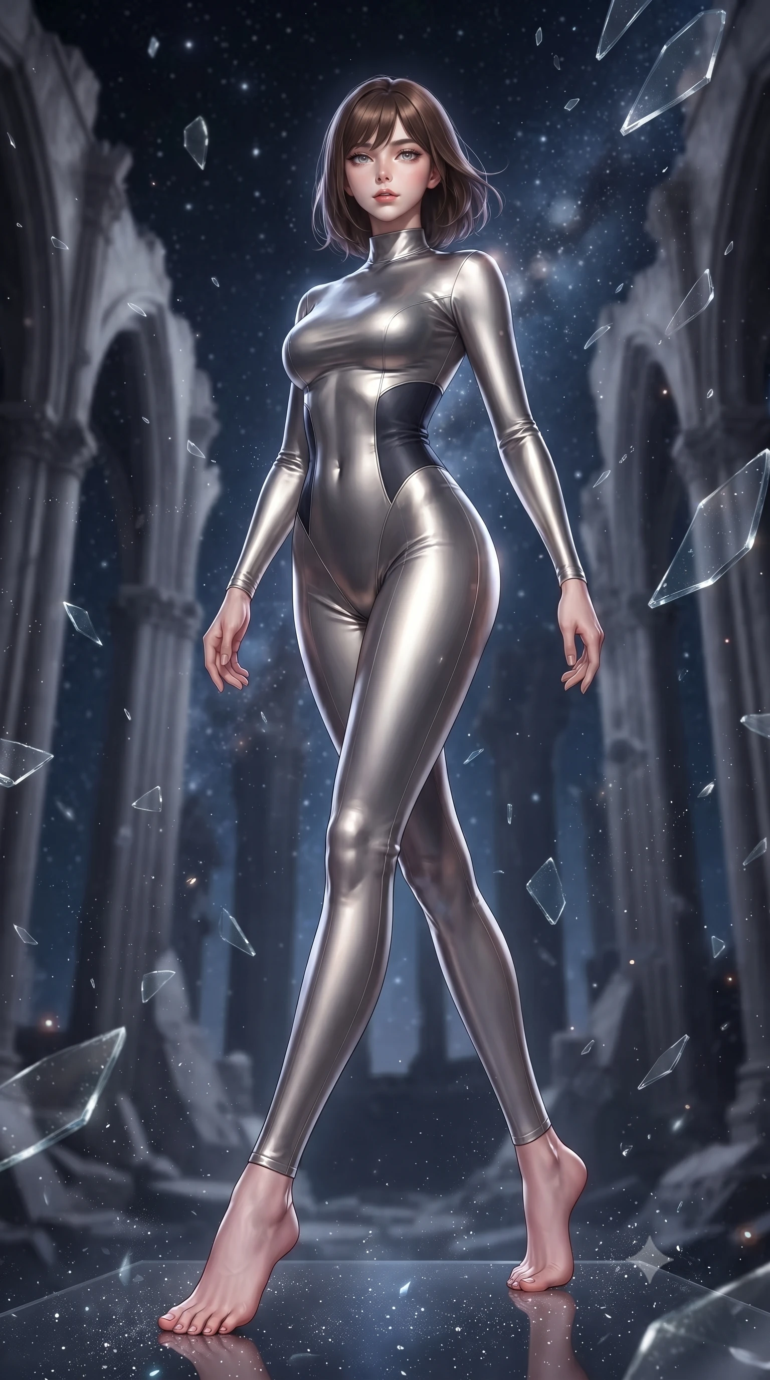 score_9, masterpiece, best quality, ultra-detailed, high-budget anime keyframe, editorial fashion photography, tasteful artistic composition, Korean woman. low angle full-body shot from head to toe showing her feet, filling the entire 9:16 vertical frame with her statuesque presence, stretching her vertical silhouette. stepping gracefully through floating stardust particles, her body-contouring suit showing her athletic, slender silhouette, the background shows a soft-focus ruined gothic cathedral arches in orbit with floating glass debris. She has an absolutely perfect, statuesque 8.5-heads proportion, an exceptionally tall and slender model-like female figure with impossibly long slender legs and an ultra-slim waist. sharp v-shaped jawline, high-bridge nose, intricate jewel-like eyes with depth, thick eyelashes, glossy lips with a natural sheen. wearing a body-hugging body-hugging titanium-sheen mock-neck bodysuit, featuring elastic compression panels at the waist. starlight reflecting off floating glass fragments wrapping her in a glow. ultra-reflective glossy finish, specular highlights, metallic sheen, high-contrast stereoscopic depth, volumetric dynamic lighting, 2k, ultra detail, master piece, 9:16 ratio