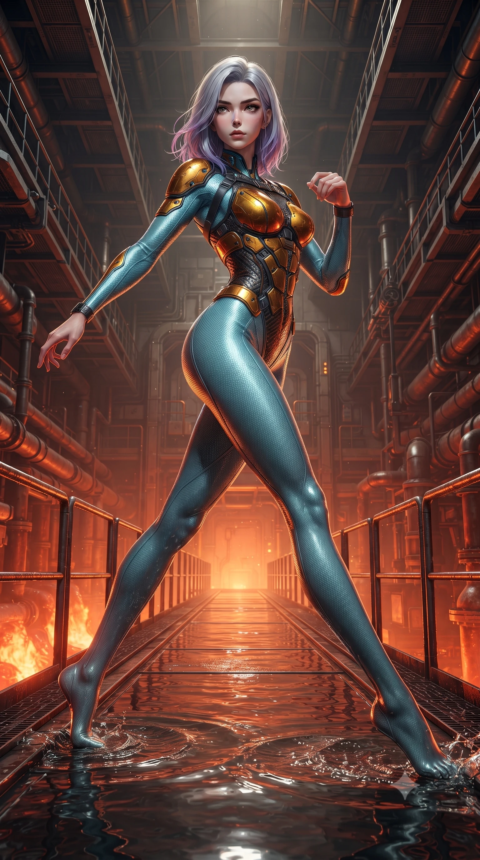 score_9, masterpiece, best quality, ultra-detailed, high-budget anime keyframe, editorial fashion photography, tasteful artistic composition, Caucasian woman. low angle full-body shot from head to toe showing her feet, filling the entire 9:16 vertical frame with her statuesque presence, stretching her vertical silhouette. pivoting dynamically in a high-speed low sweep kick along the reflective floor, her athletic torso and ultra-slim waist twisting in a fluid arc of power while striding commanding across the narrow catwalk with arms held in loose, deadly martial readiness. The surrounding environment is rendered in vivid detail and crisp panoramic clarity. intense geothermal chiaroscuro and raw high-tech industrial architecture rendered with precision. She has an absolutely perfect, statuesque 8.5-heads proportion, an exceptionally tall and slender model-like female figure with impossibly long slender legs, a toned flat midriff, and an ultra-slim waist. sharp v-shaped jawline, high-bridge nose, intricate jewel-like eyes with depth, thick eyelashes, glossy lips with a natural sheen, flawlessly proportioned anatomical accuracy, strict slender model proportions, natural body alignment, perfectly sculpted long slender limbs, ultra-slim waistline, clean dynamic posture without body distortion. wearing an ultra-sleek glacial-cyan and white carbon-mesh combat bodysuit with frost-resistant kinetic shock-absorber plating in molten amber-gold carbon cuirass with dark titanium weave, made of liquid carbon-jersey fabric adhering flawlessly to her sculpted silhouette, complemented by criss-cross back harness straps highlighting her completely bare spine, the sleek second-skin cut tightly hugging her graceful clavicle, narrow waist, and feminine curves with athletic precision. bathed in blazing orange magma uplights and warm amber reactor ambient radiance. ultra-reflective glossy finish, specular highlights, dark metallic sheen, high-contrast stereoscopic depth, volumetric dynamic lighting, 2k, ultra detail, master piece, 9:16 ratio