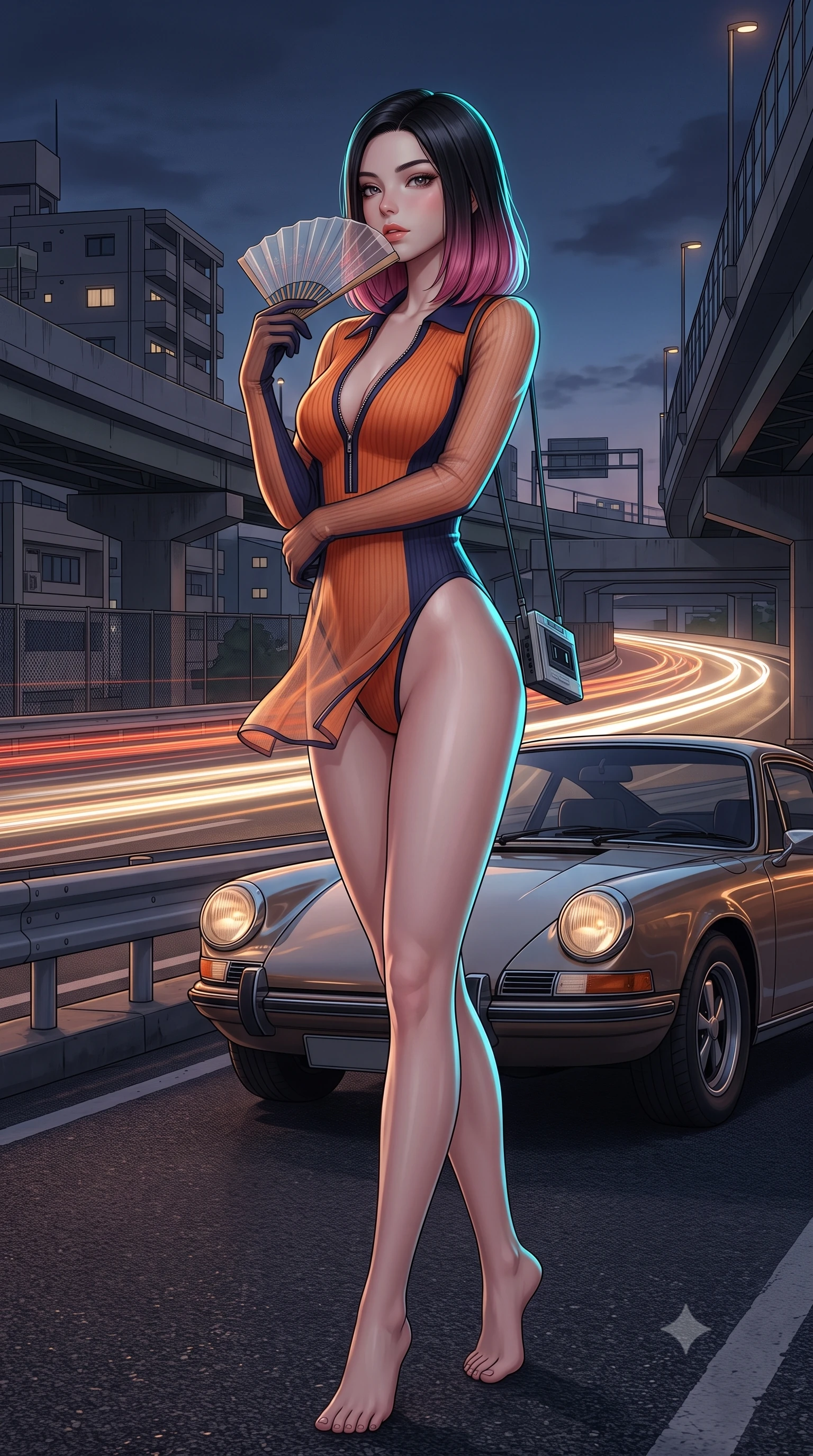 score_9, masterpiece, best quality, ultra-detailed, high-budget anime keyframe, semi-realistic 3D game render, editorial fashion photography, tasteful artistic composition, Korean woman. low angle full-body shot from head to toe showing her feet, filling the entire 9:16 vertical frame with her statuesque presence, stretching her vertical silhouette. executing a slow, graceful pivot turn as her skirt sways around her slender legs, glancing back with an enchanting, teasing sensual expression while perched casually on the hood of the classic sports car with legs crossed, holding a cassette player while flashing a confident, teasing smile. The surrounding environment is rendered in vivid detail and crisp panoramic clarity: detailed leatherette/lamé fabric weave, metallic hoop earring shine, and late-80s highway infrastructure in razor-sharp precision. She has an absolutely perfect, statuesque 8.5-heads proportion, an exceptionally tall and slender model-like female figure with impossibly long slender legs, an ultra-slim waist, a flat toned midriff, narrow delicate ribcage, and beautifully sculpted feminine hips creating a graceful, slim hourglass silhouette without any bulky heaviness. sharp v-shaped jawline, high-bridge nose, sparkling eyes with hypnotic seductive depth, thick curled eyelashes, glossy parted lips with a natural dewy peach sheen, alluring bedroom-eyes with an enchanting coquettish smile, exuding magnetic siren charisma and sophisticated glamour, flawlessly proportioned anatomical accuracy, strict slender model proportions, natural body alignment, perfectly sculpted long slender limbs, ultra-slim waistline, clean dynamic posture without body distortion. wearing a retro-chic ribbed knit polo bodysuit with a plunging front zipper and high-cut leg openings in sunset tangerine orange and deep navy indigo, made of delicate semi-sheer Korean gossamer organza with subtle pearlescent glints, finished with a transparent silk folding fan held gracefully near her glossy parted lips, the glove-like clinging cut tightly following the natural contour of her hips and long slender legs with youthful 8.5-heads elegance. illuminated by passing car headlight streaks and sharp electric-cyan rim lights defining her razor-sharp jawline, narrow waist, and curvy hips. highly saturated vibrant anime colors, detailed shading with soft gradients, rich glossy textures, high-contrast stereoscopic depth, volumetric dynamic lighting, master piece, 9:16 ratio