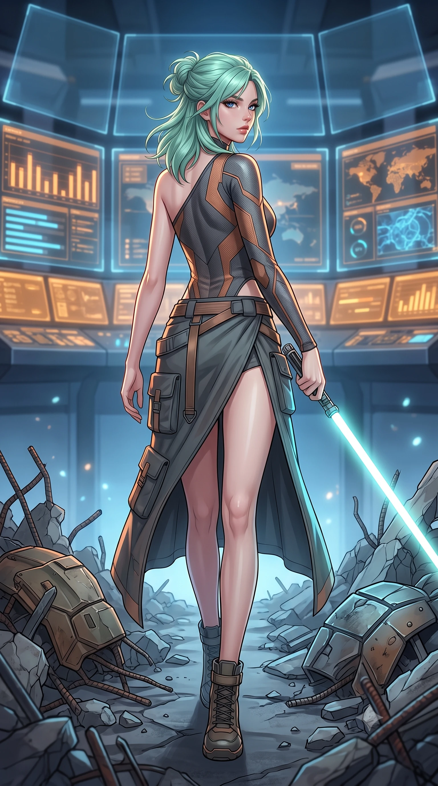 score_9, masterpiece, best quality, ultra-detailed, high-budget anime keyframe, editorial fashion photography, tasteful artistic composition, Japanese woman. low angle full-body shot from head to toe showing her feet, filling the entire 9:16 vertical frame with her statuesque presence, stretching her vertical silhouette. stepping gracefully through battlefield debris with a glowing saber hilt in hand, looking back over her shoulder, the background shows a soft-focus a tactical grid control balcony with glass panels showing status bar charts. She has an absolutely perfect, statuesque 8.5-heads proportion, an exceptionally tall and slender model-like female figure with impossibly long slender legs and an ultra-slim waist. sharp v-shaped jawline, high-bridge nose, intricate jewel-like eyes with depth, thick eyelashes, glossy lips with a natural sheen. wearing a body-hugging asymmetric one-shoulder nanotech bodice paired with a daring high-slit tactical utility wrap skirt. soft amber screen glare contrasting with the cool blue simulation space. highly saturated vibrant anime colors, detailed shading with soft gradients, rich glossy textures, high-contrast stereoscopic depth, volumetric dynamic lighting, master piece, 9:16 ratio