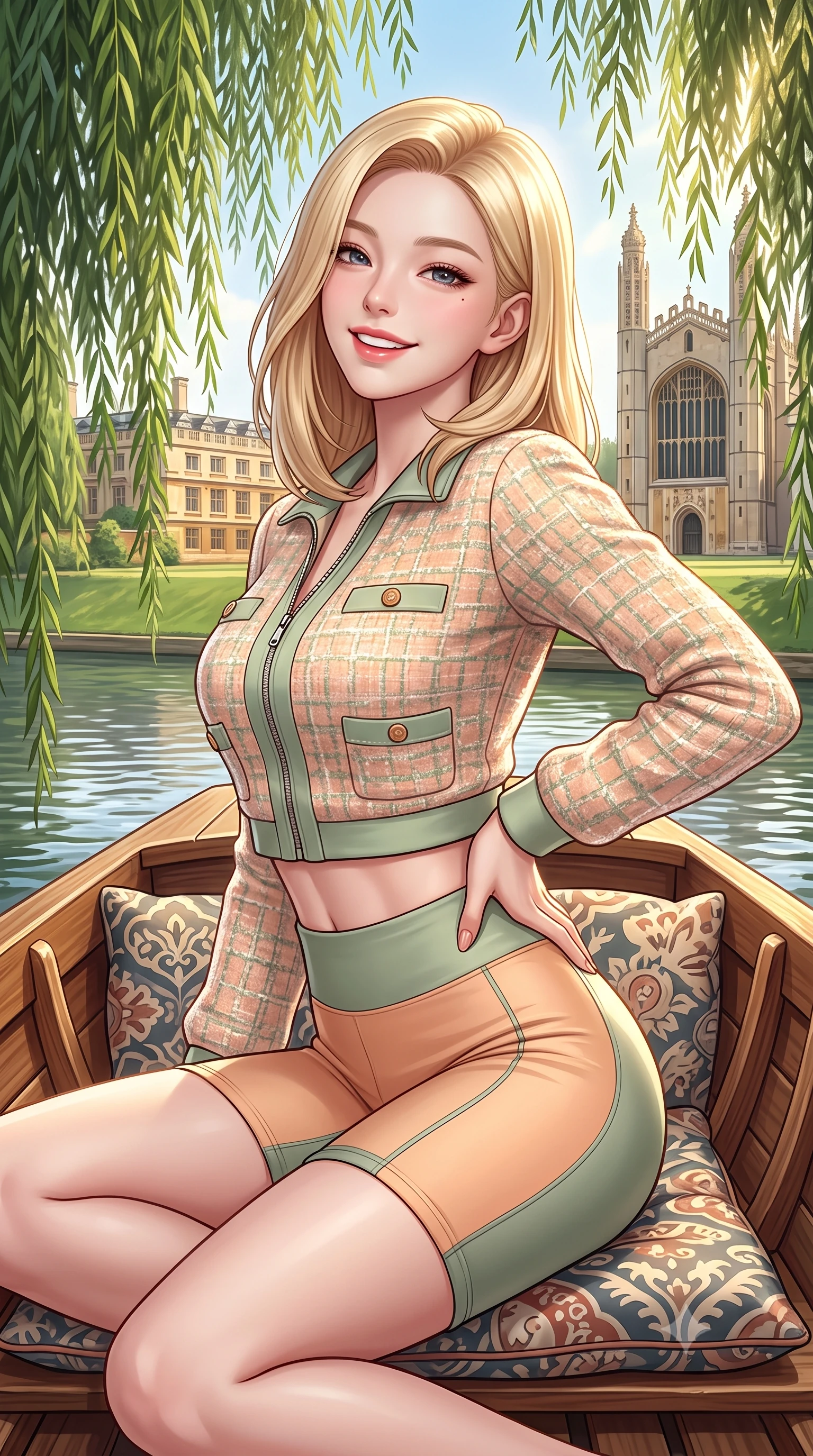 score_9, masterpiece, best quality, ultra-detailed, high-budget anime keyframe, semi-realistic 3D game render, editorial fashion photography, tasteful artistic composition, Korean woman. close-up cowboy shot from the waist and thighs up, the character dominates the composition, filling the frame with her large presence. twisting her slender torso in an alluring contrapposto stance, one hand resting on her sculpted hip while flashing a radiant, playful smile with parted glossy lips while sitting on the wooden punting boat cushions moored beneath weeping willows, looking over her shoulder with enchanting, playful bedroom-eyes. The surrounding environment is rendered in vivid detail and crisp panoramic clarity. detailed pastel cardigan texture, golden sun highlights on hair, and Queens' College architecture in high clarity. She has an exceptionally elegant, slender, and willowy female figure with an ultra-slim waist, flat toned midriff, narrow ribcage, and sculpted feminine hips creating an alluring, slim hourglass silhouette without bulk. sharp v-shaped jawline, high-bridge nose, intricate jewel-like sparkling eyes with depth, thick eyelashes, glossy parted lips with a natural peach sheen, bright cheerful beaming smile with an enchanting and coquettish sensual glint, exuding both youthful cute charm and seductive allure, flawlessly proportioned anatomical accuracy, strict slender model proportions, natural body alignment, perfectly sculpted long slender limbs, ultra-slim waistline, clean dynamic posture without body distortion. wearing a sporty chic zip-up crop jacket paired with high-waisted biker shorts clinging to her athletic hips in soft apricot and sage green, tailored from soft pastel tweed with subtle metallic shimmer, finished with neat front wooden buttons and delicate pocket details, the glove-like silhouette tightly following the natural contour of her hips and long slender legs with youthful 8.5-heads elegance. bathed in gentle, luminous English afternoon sunlight filtering through willow branches. highly saturated vibrant anime colors, detailed shading with soft gradients, rich glossy textures, high-contrast stereoscopic depth, volumetric dynamic lighting, master piece, 9:16 ratio