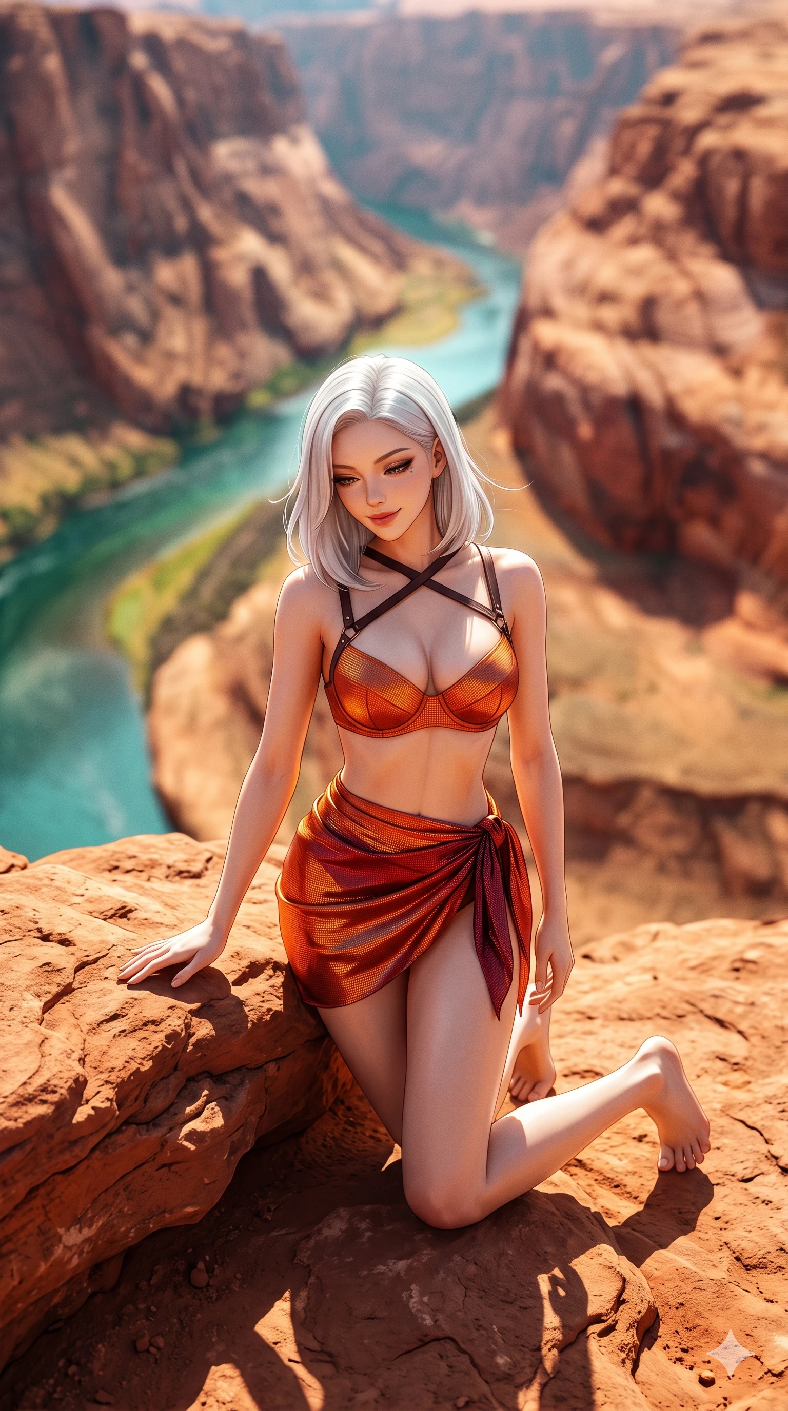 score_9, masterpiece, best quality, ultra-detailed, high-budget anime keyframe, semi-realistic 3D game render, editorial fashion photography, tasteful artistic composition, Korean woman. low angle full-body shot from head to toe showing her feet, filling the entire 9:16 vertical frame with her statuesque presence, stretching her vertical silhouette. striding across the sun-drenched desert highway as warm breezes whip her garments open, accentuating her long slender legs and curvy hips while kneeling gracefully on the warm red sandstone outcrop, one hand resting on the stone while gazing down into the emerald canyon waters with alluring bedroom-eyes. The background shows a soft-focus the famous 270-degree curve of the emerald green Colorado River and red rock cliffs blurred into turquoise, terracotta, and gold bokeh. She has an absolutely perfect, statuesque 8.5-heads proportion, an exceptionally tall and slender model-like female figure with impossibly long slender legs, an ultra-slim waist, a flat toned midriff, narrow delicate ribcage, and beautifully sculpted feminine hips creating a graceful, slim hourglass silhouette without any bulky heaviness. sharp v-shaped jawline, high-bridge nose, sparkling eyes with hypnotic seductive depth, thick curled eyelashes, glossy parted lips with a natural dewy peach sheen, alluring bedroom-eyes with an enchanting coquettish smile, exuding magnetic siren charisma and sophisticated glamour, flawlessly proportioned anatomical accuracy, strict slender model proportions, natural body alignment, perfectly sculpted long slender limbs, ultra-slim waistline, clean dynamic posture without body distortion. wearing a structured underwire bikini bustier top paired with an ultra-short draped sarong wrap mini skirt in blazing desert sunset orange and deep canyon crimson, crafted from stretch micro-mesh with metallic foil coating that shimmers in the desert sun, featuring an open-back criss-cross harness strap in dark leather, the liquid-tight tailored fabric clinging flawlessly to her narrow waist and rounded feminine hips, emphasizing every millimeter of her sculpted slim hourglass curves without any bulky heaviness. illuminated by red rock canyon bounce and sharp emerald-terracotta rim lights sculpting her razor-sharp jawline, narrow waist, and curvy hips. highly saturated vibrant anime colors, detailed shading with soft gradients, rich glossy textures, high-contrast stereoscopic depth, volumetric dynamic lighting, master piece, 9:16 ratio