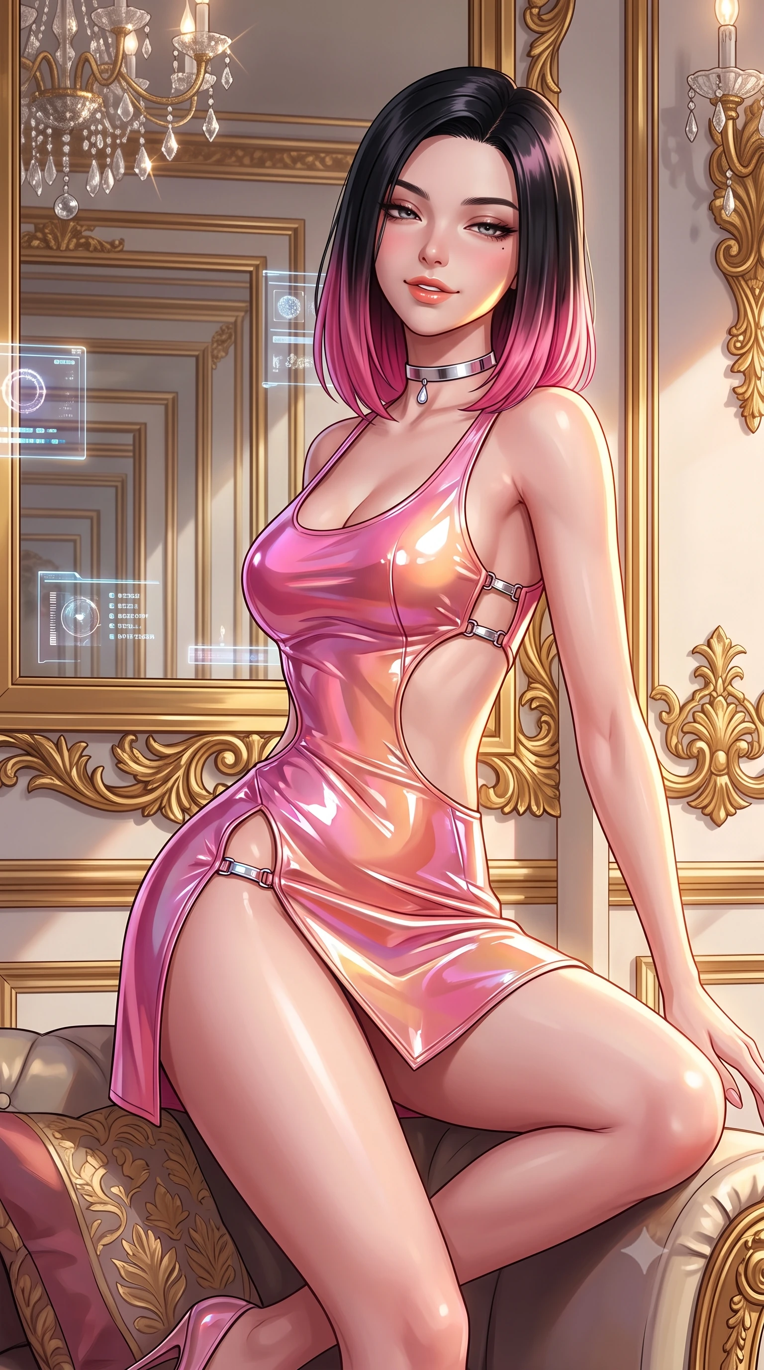 score_9, masterpiece, best quality, ultra-detailed, high-budget anime keyframe, semi-realistic 3D game render, editorial fashion photography, tasteful artistic composition, Korean woman. close-up cowboy shot from the waist and thighs up, the character dominates the composition, filling the frame with her large presence. perched sideways on the lounge seat, one knee drawn up to showcase her slender leg line while her arched back accentuates her feminine hip curve while leaning against the gilded smart-mirror pier with hips cocked back, looking through infinite holographic reflections with intoxicated smoldering bedroom-eyes. The surrounding environment is rendered in vivid detail and crisp panoramic clarity: sharp crystal chandelier drops, recursive smart-mirror frame bevels, and gilded acanthus leaf carvings in deep focus. She has an exceptionally elegant, slender, and willowy female figure with an ultra-slim waist, flat toned midriff, narrow ribcage, and sculpted feminine hips creating an alluring, slim hourglass silhouette without bulk. sharp v-shaped jawline, high-bridge nose, intricate jewel-like sparkling eyes with depth, thick eyelashes, glossy parted lips with a natural peach sheen, bright cheerful beaming smile with an enchanting and coquettish sensual glint, exuding both youthful cute charm and seductive allure, flawlessly proportioned anatomical accuracy, strict slender model proportions, natural body alignment, perfectly sculpted long slender limbs, ultra-slim waistline, clean dynamic posture without body distortion. wearing a provocative open-waist cutout mini dress framed by polished chrome hardware and thigh-high slit in Solaris liquid rose-quartz and alien peach, tailored from high-gloss patent leather with mirror-like specular highlights, finished with a minimalist chrome choker and a single teardrop diamond pendant, the glove-like clinging cut tightly following the natural contour of her hips and long slender legs with youthful 8.5-heads elegance. illuminated by mirror reflection bounce and sharp sunburst-gold rim lights defining her jawline, narrow waist, and curvy hips. highly saturated vibrant anime colors, detailed shading with soft gradients, rich glossy textures, high-contrast stereoscopic depth, volumetric dynamic lighting, master piece, 9:16 ratio