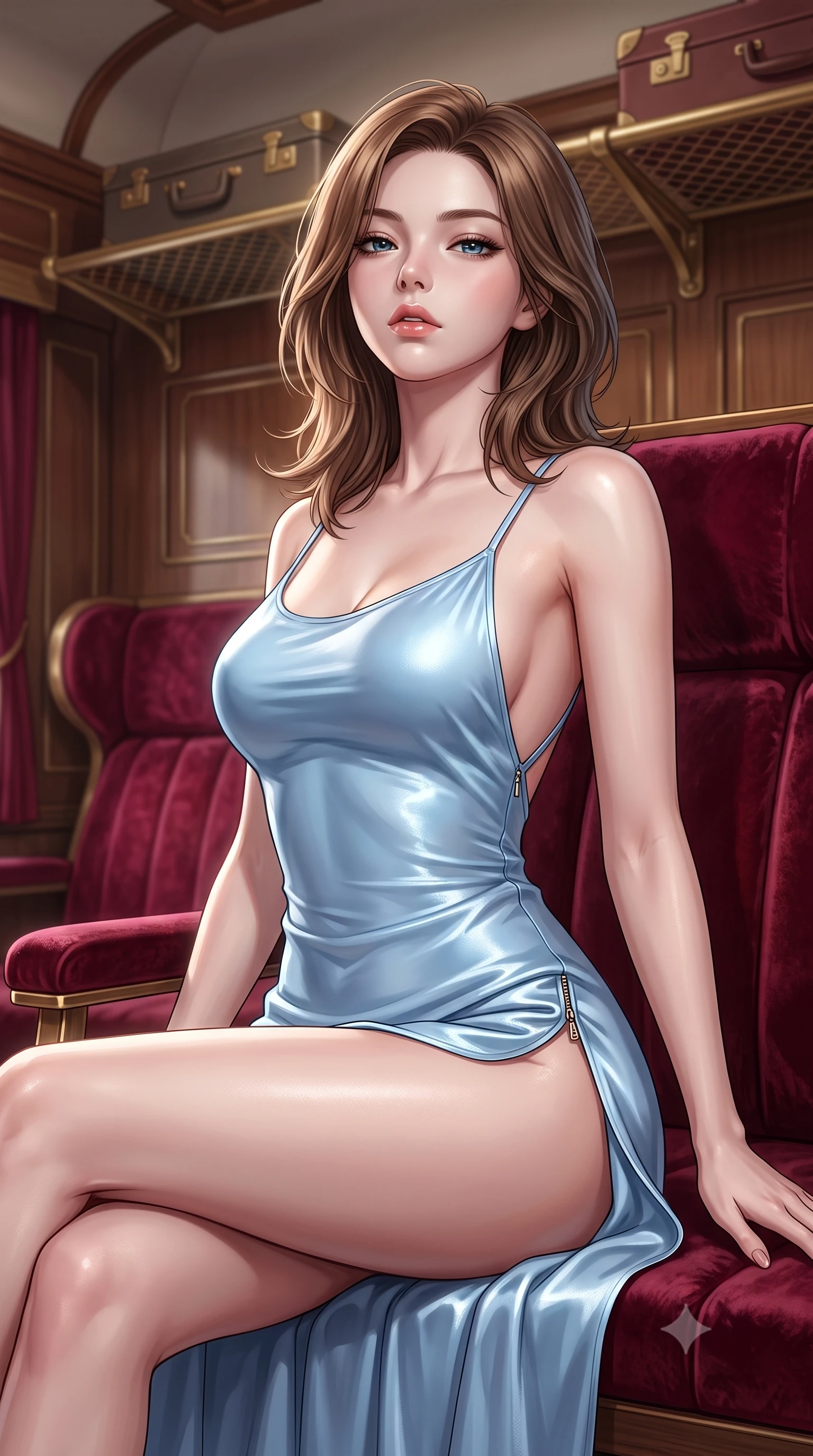 score_9, masterpiece, best quality, ultra-detailed, high-budget anime keyframe, editorial fashion photography, tasteful artistic composition, Korean woman. close-up cowboy shot from the waist and thighs up, the character dominates the composition, filling the frame with her large presence, background elements kept in soft focus. tilting her chin up slightly with lips parted in a composed, provocative expression the background shows a soft-focus a private compartment with plush velvet seats and gold-trimmed luggage racks. She has an exceptionally elegant, slender, and willowy female figure with an ultra-slim waist, a gracefully sculpted slender torso, and a refined silhouette. sharp v-shaped jawline, high-bridge nose, intricate jewel-like eyes with depth, thick eyelashes, glossy lips with a natural sheen. wearing a form-contouring lightweight silk slip dress in baby blue with a high side slit and a low-cut back. soft spotlighting highlighting the detailed fabrics of her outfit. ultra-reflective glossy finish, specular highlights, metallic sheen, high-contrast stereoscopic depth, volumetric dynamic lighting, 2k, ultra detail, master piece, 9:16 ratio