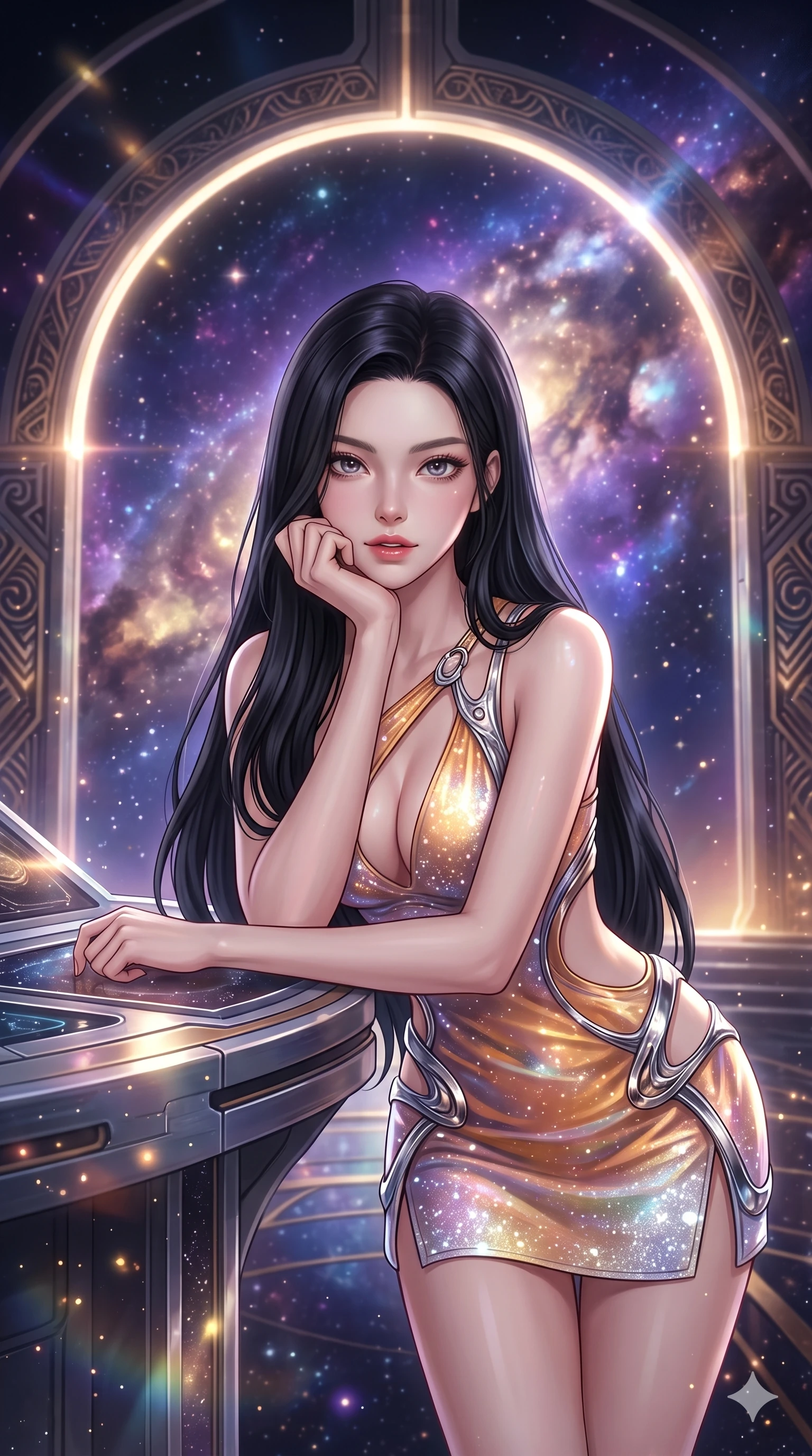 score_9, masterpiece, best quality, ultra-detailed, high-budget anime keyframe, semi-realistic 3D game render, editorial fashion photography, tasteful artistic composition, Korean woman. close-up cowboy shot from the waist and thighs up, the character dominates the composition, filling the frame with her large presence. resting one elbow on the table and supporting her chin, leaning close to the camera with heavy-lidded sparkling eyes and parted lips while leaning against the celestial meridian arch with hips cocked back, looking through floating zodiac dust into the purple galactic core with smoldering bedroom-eyes. The surrounding environment is rendered in vivid detail and crisp panoramic clarity: detailed anime keyframe lines, rich fabric textures, and colossal cosmic fantasy architecture in razor-sharp precision. She has an exceptionally elegant, slender, and willowy female figure with an ultra-slim waist, flat toned midriff, narrow ribcage, and sculpted feminine hips creating an alluring, slim hourglass silhouette without bulk. sharp v-shaped jawline, high-bridge nose, intricate jewel-like sparkling eyes with depth, thick eyelashes, glossy parted lips with a natural peach sheen, bright cheerful beaming smile with an enchanting and coquettish sensual glint, exuding both youthful cute charm and seductive allure, flawlessly proportioned anatomical accuracy, strict slender model proportions, natural body alignment, perfectly sculpted long slender limbs, ultra-slim waistline, clean dynamic posture without body distortion. wearing a provocative open-waist cutout mini dress framed by sculptural chrome hardware and thigh-high slit in cosmic eclipse amber and starlight diamond, woven from buttery-soft stretch lambskin leather adhering to her body like a second skin, finished with sleek magnetic buckle closures fluttering in the breeze, the impeccably tailored cut draping gracefully along her slender figure with aristocratic poise. bathed in the glowing multi-hued radiance of the spiral nebula mixed with crisp white celestial starlight. highly saturated vibrant anime colors, detailed shading with soft gradients, rich glossy textures, high-contrast stereoscopic depth, volumetric dynamic lighting, master piece, 9:16 ratio