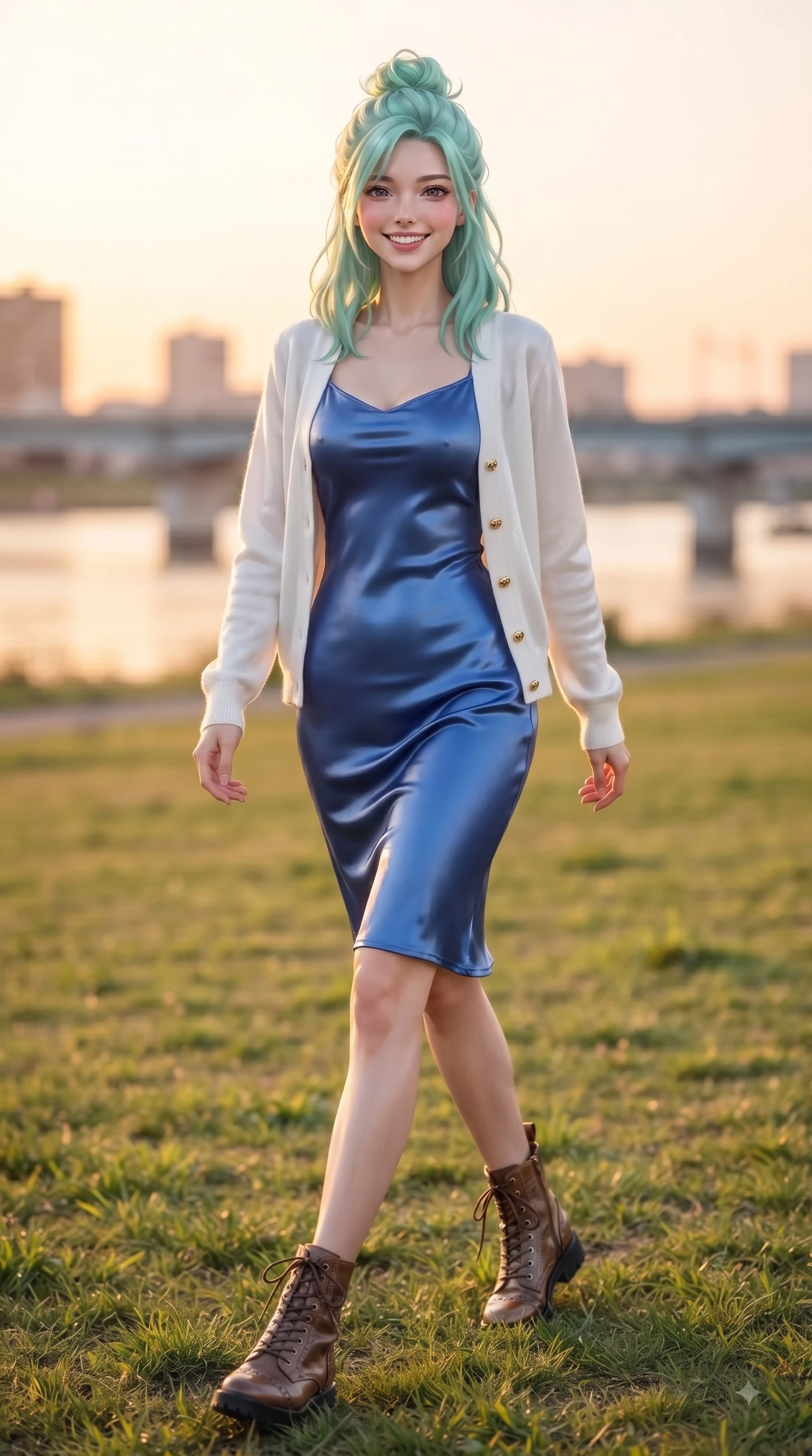 score_9, masterpiece, best quality, ultra-detailed, high-budget anime keyframe, editorial fashion photography, tasteful artistic composition, Japanese woman. low angle full-body shot from head to toe showing her feet, filling the entire 9:16 vertical frame with her statuesque presence, stretching her vertical silhouette. walking forward in a proud dynamic stride with a cheerful beaming smile, her vertical silhouette filling the frame while resting on her knees on the grass as warm sunset rays illuminate her radiant beauty. The composition keeps background elements in soft focus with dreamy bokeh. rose-gold river reflections and city bridge silhouettes blurred into warm golden evening bokeh. She has an absolutely perfect, statuesque 8.5-heads proportion, an exceptionally tall and slender model-like female figure with impossibly long slender legs and an ultra-slim waist. sharp v-shaped jawline, high-bridge nose, intricate jewel-like eyes with depth, thick eyelashes, glossy lips with a natural sheen, flawlessly proportioned anatomical accuracy, natural body alignment, perfectly sculpted elegant limbs, clean dynamic posture without body distortion. wearing a glossy satin slip dress layered under a soft cashmere cardigan in vibrant cobalt blue and crisp snow white, made of lustrous stretch velvet, adorned with delicate gold buttons along the front, the sleek second-skin texture accentuating her magnetic presence. bathed in glorious golden hour sunset sunbeams and warm amber sky radiance. ultra-reflective glossy finish, specular highlights, metallic sheen, high-contrast stereoscopic depth, volumetric dynamic lighting, 2k, ultra detail, master piece, 9:16 ratio