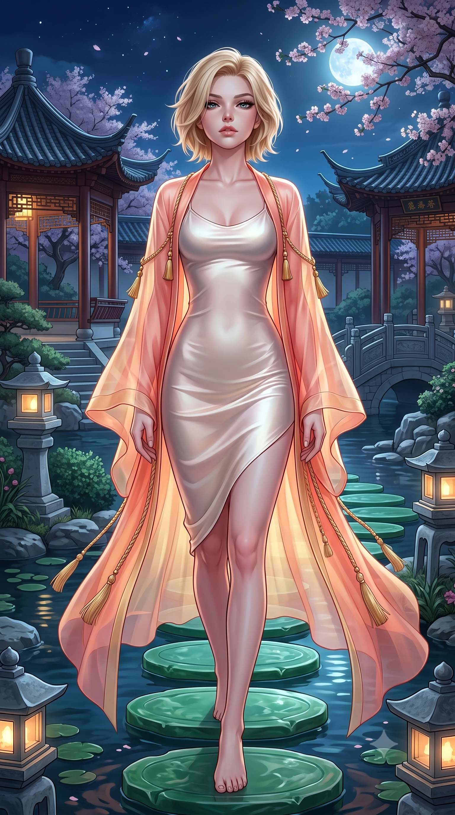score_9, masterpiece, best quality, ultra-detailed, high-budget anime keyframe, semi-realistic 3D game render, editorial fashion photography, tasteful artistic composition, Caucasian woman. close-up cowboy shot from the waist and thighs up, the character dominates the composition, filling the frame with her large presence. tilting her chin up with proud, sovereign confidence while gazing directly into the lens with thick, dark eyelashes while striding across floating jade stepping stones with ethereal, weightless grace and divine celestial poise. The surrounding environment is rendered in vivid detail and crisp panoramic clarity. transcendent nocturnal oriental chiaroscuro and magical moonlit garden architecture in precision. She has an exceptionally elegant, slender, and willowy female figure with an ultra-slim waist, a gracefully sculpted slender torso, toned flat midriff, and a refined slim silhouette. sharp v-shaped jawline, high-bridge nose, intricate jewel-like eyes with depth, thick eyelashes, glossy lips with a natural sheen, captivating and magnetic expression, flawlessly proportioned anatomical accuracy, strict slender model proportions, natural body alignment, perfectly sculpted long slender limbs, ultra-slim waistline, clean dynamic posture without body distortion. wearing an ethereal moon-goddess gossamer robe worn over a form-contouring pearlescent silk slip in sunrise coral and champagne gold, crafted from traditional Korean gossamer silk organza with pearlescent luster, accessorized with delicate gold bell tassels and braided silk cords, the glove-like aerodynamic second-skin fit tightly clinging to her ultra-slender waist and athletic curves without adding bulk, accentuating her razor-sharp statuesque lines and slim hourglass silhouette. illuminated by gentle ambient water bounce light defining her flawless features and slender waist. highly saturated vibrant anime colors, detailed shading with soft gradients, rich glossy textures, high-contrast stereoscopic depth, volumetric dynamic lighting, master piece, 9:16 ratio