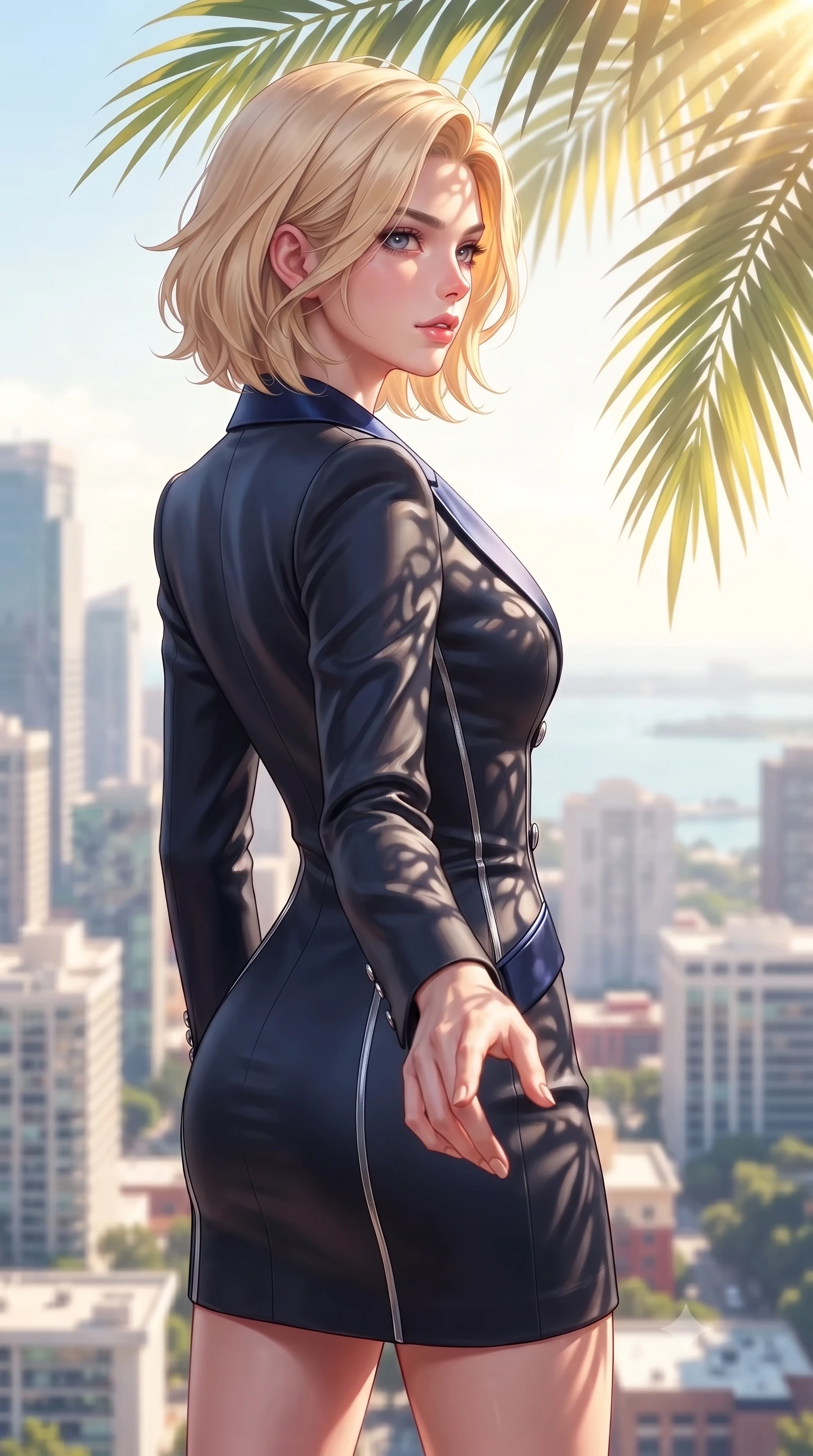 score_9, masterpiece, best quality, ultra-detailed, high-budget anime keyframe, editorial fashion photography, tasteful artistic composition, Caucasian woman. close-up cowboy shot from the waist and thighs up, the character dominates the composition, filling the frame with her large presence, background elements kept in soft focus. Reaching one hand toward the viewer with relaxed sensual elegance, looking out over a sun-drenched city skyline with relaxed elegance, tropical palm frond shadows casting organic stencil patterns across her body. She has an exceptionally elegant, slender, and willowy female figure with an ultra-slim waist, a gracefully sculpted slender torso, and a refined silhouette. sharp v-shaped jawline, high-bridge nose, intricate jewel-like eyes with depth, thick eyelashes, glossy lips with a natural sheen. wearing tailored double-breasted obsidian blazer dress with silk lapels in midnight navy blue, made of liquid dark mercury jersey, finished with metallic silver boning and sleek zipper points, highlighting her statuesque proportions and ultra-slim waistline. bathed in bright golden sunlight filtering through tropical palm fronds. highly saturated vibrant anime colors, detailed shading with soft gradients, rich glossy textures, high-contrast stereoscopic depth, volumetric dynamic lighting, master piece, 9:16 ratio