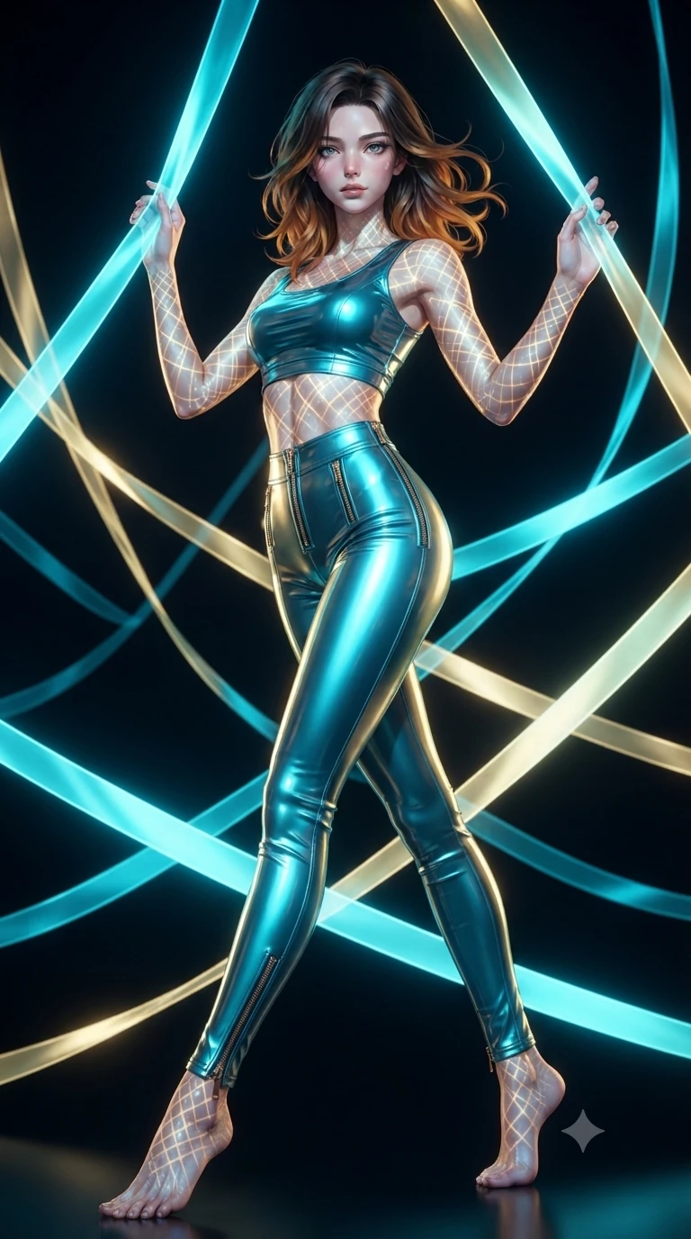 score_9, masterpiece, best quality, ultra-detailed, high-budget anime keyframe, editorial fashion photography, tasteful artistic composition, Korean woman. low angle full-body shot from head to toe showing her feet, filling the entire 9:16 vertical frame with her statuesque presence, stretching her vertical silhouette. navigating the luminous space with effortless poise, displaying her perfect model proportions navigating a maze of glowing silk ribbons that pulse to a cosmic rhythm, intricate geometric lattice patterns of light projected onto her skin. She has an absolutely perfect, statuesque 8.5-heads proportion, an exceptionally tall and slender model-like female figure with impossibly long slender legs and an ultra-slim waist. sharp v-shaped jawline, high-bridge nose, intricate jewel-like eyes with depth, thick eyelashes, glossy lips with a natural sheen. wearing a glossy vinyl crop top and high-waist tailored leggings with sleek metallic zippers, the tailored fabric tightly following every curve of her athletic build. illuminated by the brilliant glow of cyan and gold luminescent threads. ultra-reflective glossy finish, specular highlights, metallic sheen, high-contrast stereoscopic depth, volumetric dynamic lighting, 2k, ultra detail, master piece, 9:16 ratio