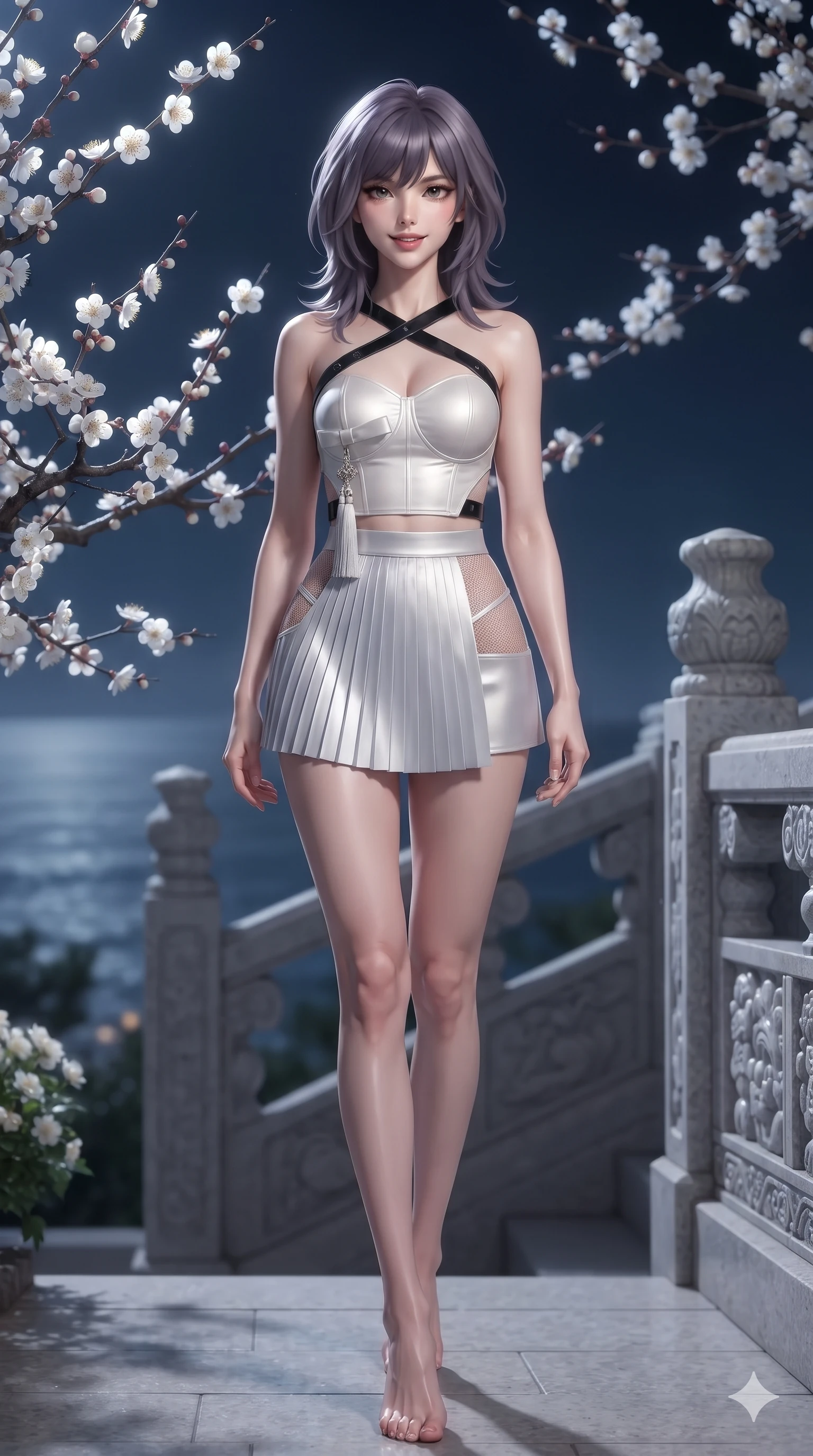 score_9, masterpiece, best quality, ultra-detailed, high-budget anime keyframe, editorial fashion photography, tasteful artistic composition, Japanese woman. low angle full-body shot from head to toe showing her feet, filling the entire 9:16 vertical frame with her statuesque presence, stretching her vertical silhouette. stepping slowly toward the camera with hypnotic grace, hips swaying in an alluring sensual rhythm that accentuates her curvy hourglass silhouette and long slender legs while standing tall beside blooming white plum blossom branches, arching her spine with sovereign supermodel grace as sea breezes whip through her hair. The background shows a soft-focus clifftop belvedere terrace softened in romantic coastal shallow focus. She has an absolutely perfect, statuesque 8.5-heads proportion, an exceptionally tall and slender model-like female figure with impossibly long slender legs, an ultra-slim waist, a flat toned midriff, narrow delicate ribcage, and beautifully sculpted feminine hips creating a graceful, slim hourglass silhouette without any bulky heaviness. sharp v-shaped jawline, high-bridge nose, sparkling eyes with hypnotic seductive depth, thick curled eyelashes, glossy parted lips with a natural dewy peach sheen, alluring bedroom-eyes with an enchanting coquettish smile, exuding magnetic siren charisma and sophisticated glamour, flawlessly proportioned anatomical accuracy, strict slender model proportions, natural body alignment, perfectly sculpted long slender limbs, ultra-slim waistline, clean dynamic posture without body distortion. wearing a modern boned hanbok bustier top with norigae tassel paired with an ultra-short micro-pleated silk wrap mini skirt in celestial pearl white and moonlight platinum, featuring strategic sheer-illusion micro-mesh cutouts along her ribcage and hip flanks, featuring an open-back criss-cross harness strap in patent black leather, the bespoke structured tailoring following the natural line of her 8.5-heads silhouette with refined elegance. bathed in brilliant 4500K celestial moonlight washing across white plum blossoms and carved stone balustrades. ultra-reflective glossy finish, specular highlights, rich textural contrasts, high-contrast stereoscopic depth, volumetric dynamic lighting, 2k, ultra detail, master piece, 9:16 ratio