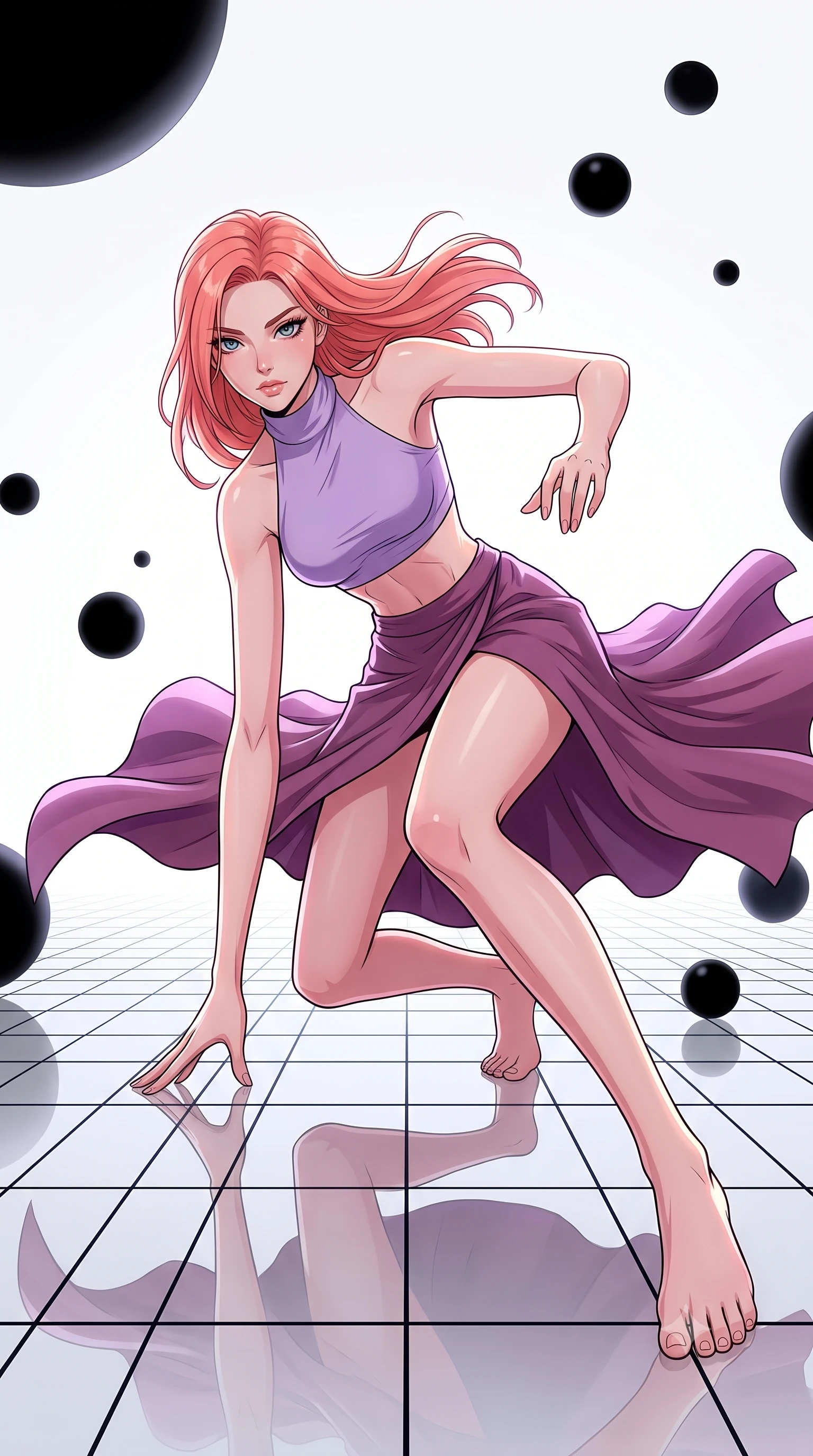 score_9, masterpiece, best quality, ultra-detailed, high-budget anime keyframe, clean line-art, cel-shading, Japanese woman. low angle full-body shot from head to toe showing her feet, filling the entire 9:16 vertical frame with her statuesque presence, stretching her vertical silhouette. skidding across a slick reflective surface in a low combat stance through an endless white void with a simple black grid on the floor, black spheres of various sizes floating and bouncing. She has a statuesque 8.5-heads proportion, an exceptionally tall, slender and willowy model-like build with impossibly long legs and a highly sculpted ultra-slim waist. sharp v-shaped jawline, high-bridge nose, intricate jewel-like eyes with depth, thick eyelashes, glossy lips with a natural sheen. wearing the lightweight fabric rippling and billowing dramatically with her movement, a body-hugging high-neck crop top in lavender, paired with a matching high-waisted wrap skirt in plum with a front slit. soft glowing ambient light with sharp side key light tracing the sleek contours of her figure. highly saturated vibrant anime colors, intense vivid color palette, volumetric dynamic lighting, 2k, ultra detail, master piece, 9:16 ratio