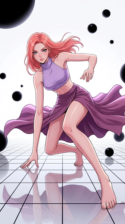 score_9, masterpiece, best quality, ultra-detailed, high-budget anime keyframe, clean line-art, cel-shading, Japanese woman. low angle full-body shot from head to toe showing her feet, filling the entire 9:16 vertical frame with her statuesque presen