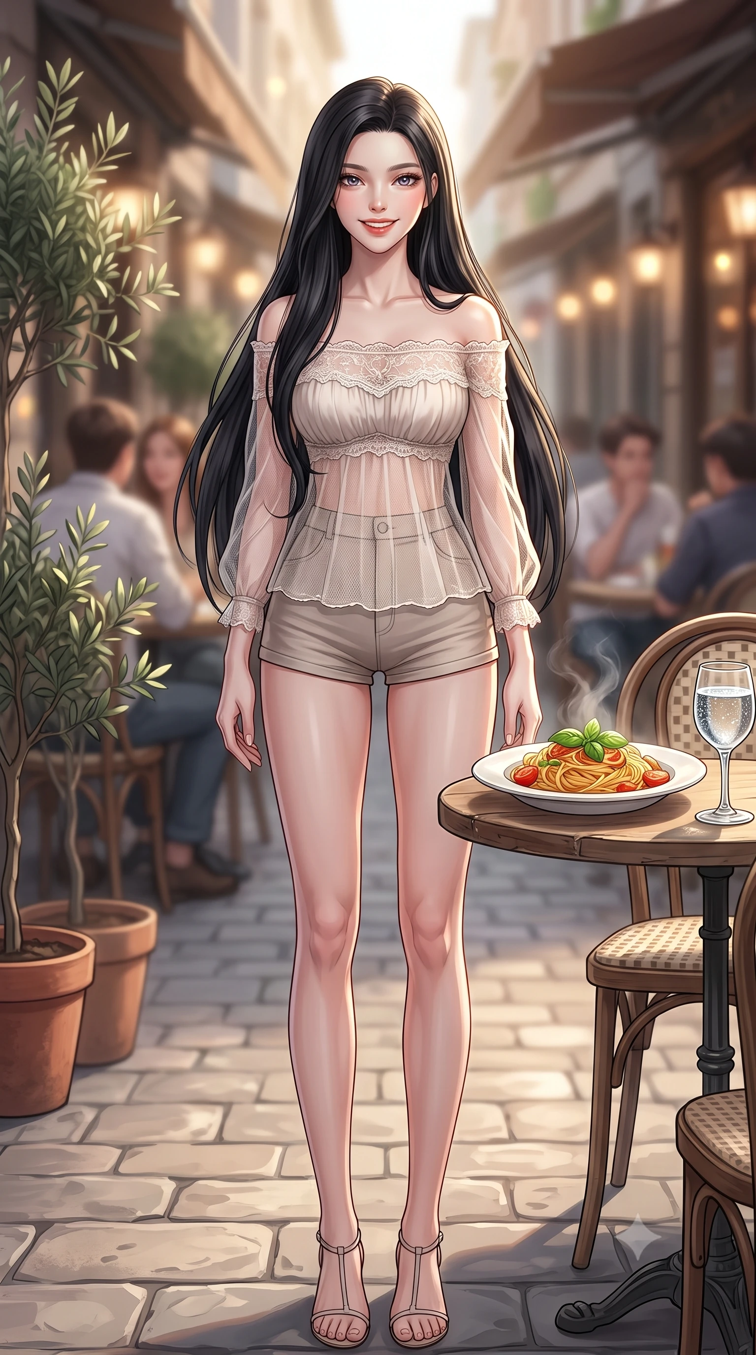 score_9, masterpiece, best quality, ultra-detailed, high-budget anime keyframe, editorial fashion photography, tasteful artistic composition, Korean woman. low angle full-body shot from head to toe showing her feet, filling the entire 9:16 vertical frame with her statuesque presence, stretching her vertical silhouette. standing with a cute, bright pose, tilting her head with a beaming smile set against a soft-focus background of on a lively street-side bistro terrace next to potted olive trees with a plate of delicious pasta and a glass of sparkling water on the table. She has an absolutely perfect, statuesque 8.5-heads proportion, an exceptionally tall and slender model-like female figure with impossibly long slender legs and an ultra-slim waist. sharp v-shaped jawline, high-bridge nose, intricate jewel-like eyes with depth, thick eyelashes, glossy lips with a natural sheen. wearing slim-fit delicate lace-trim off-shoulder blouse paired with a sheer mesh overlay and form-contouring mini shorts. gentle, warm ambient lighting highlighting the delicious food and her face. highly saturated vibrant anime colors, detailed shading with soft gradients, rich glossy textures, high-contrast stereoscopic depth, volumetric dynamic lighting, master piece, 9:16 ratio