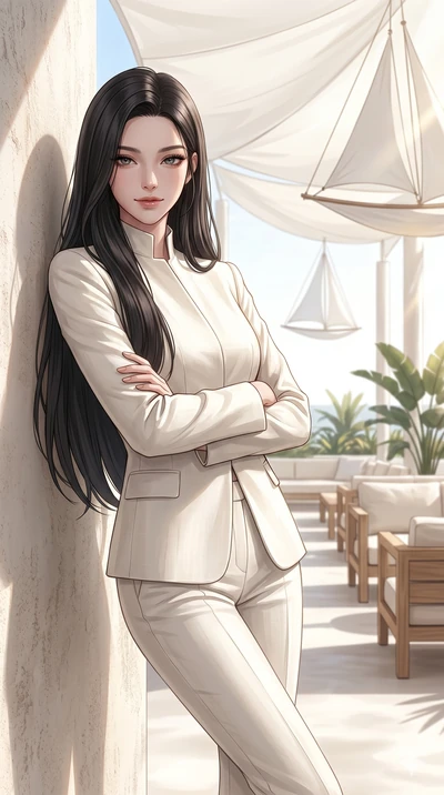 score_9, masterpiece, best quality, ultra-detailed, high-budget anime keyframe, editorial fashion photography, tasteful artistic composition, Korean woman. cowboy shot from the thighs up, character and outfit filling the frame for maximum editorial p